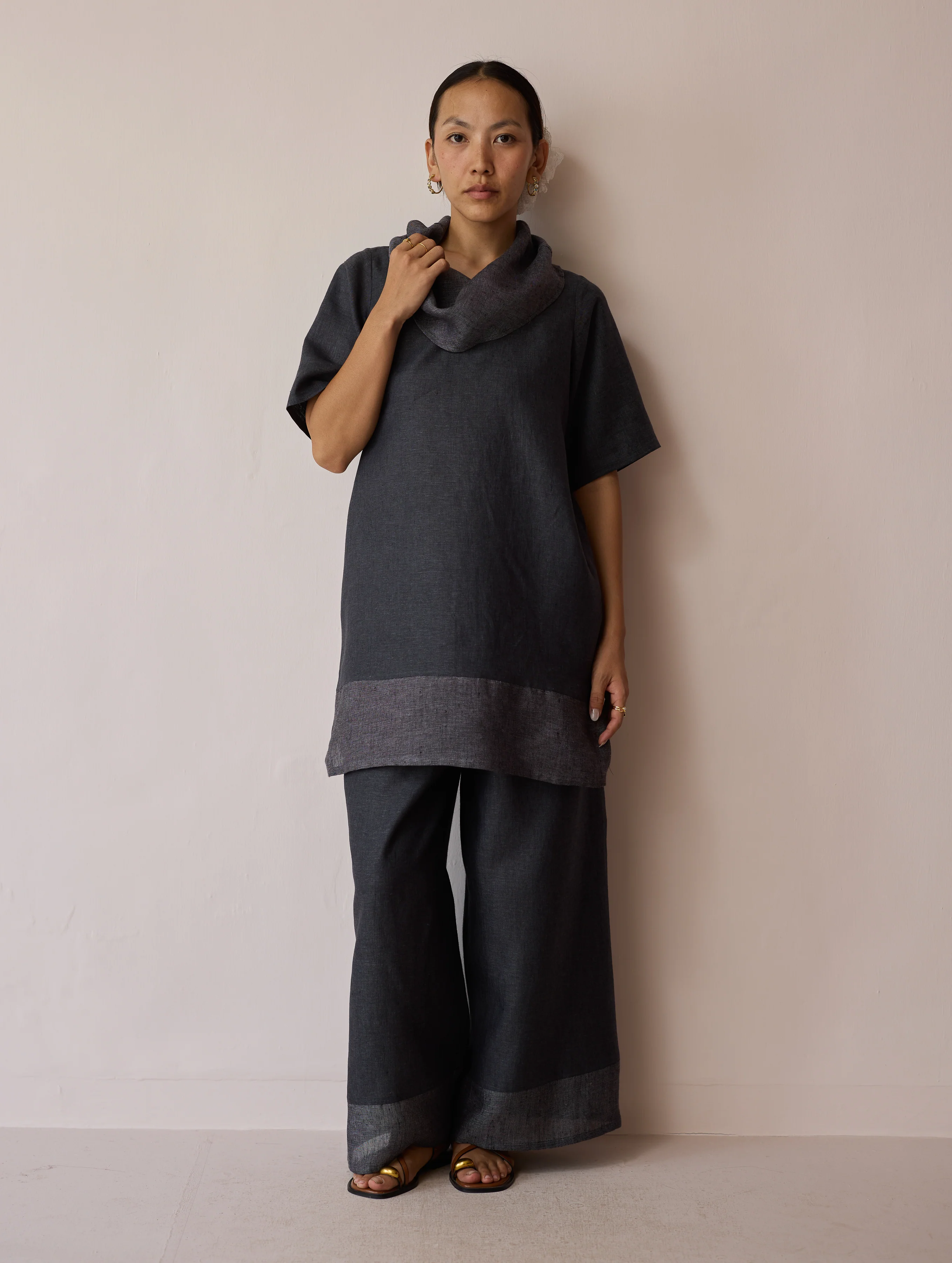 Kora Cowl-Neck Patchwork Linen Kurta - Charcoal - Image 2