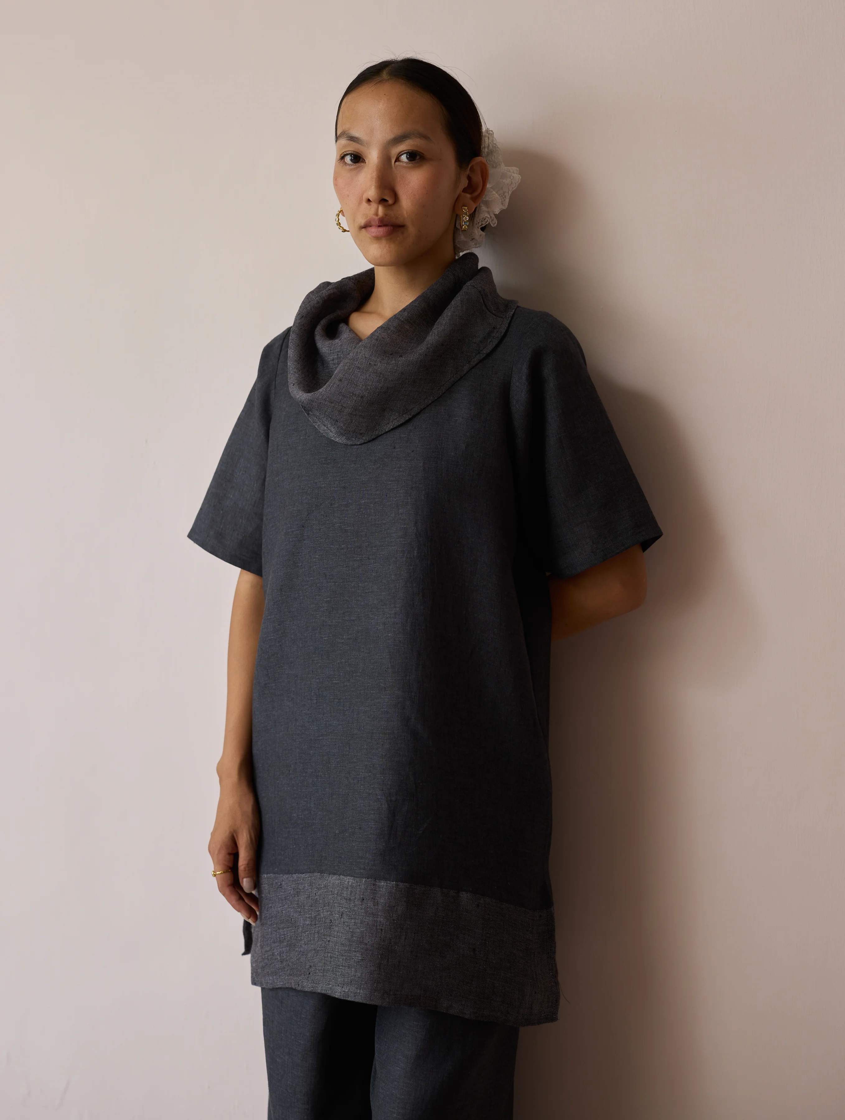 Kora Cowl-Neck Patchwork Linen Kurta - Charcoal - Image 3