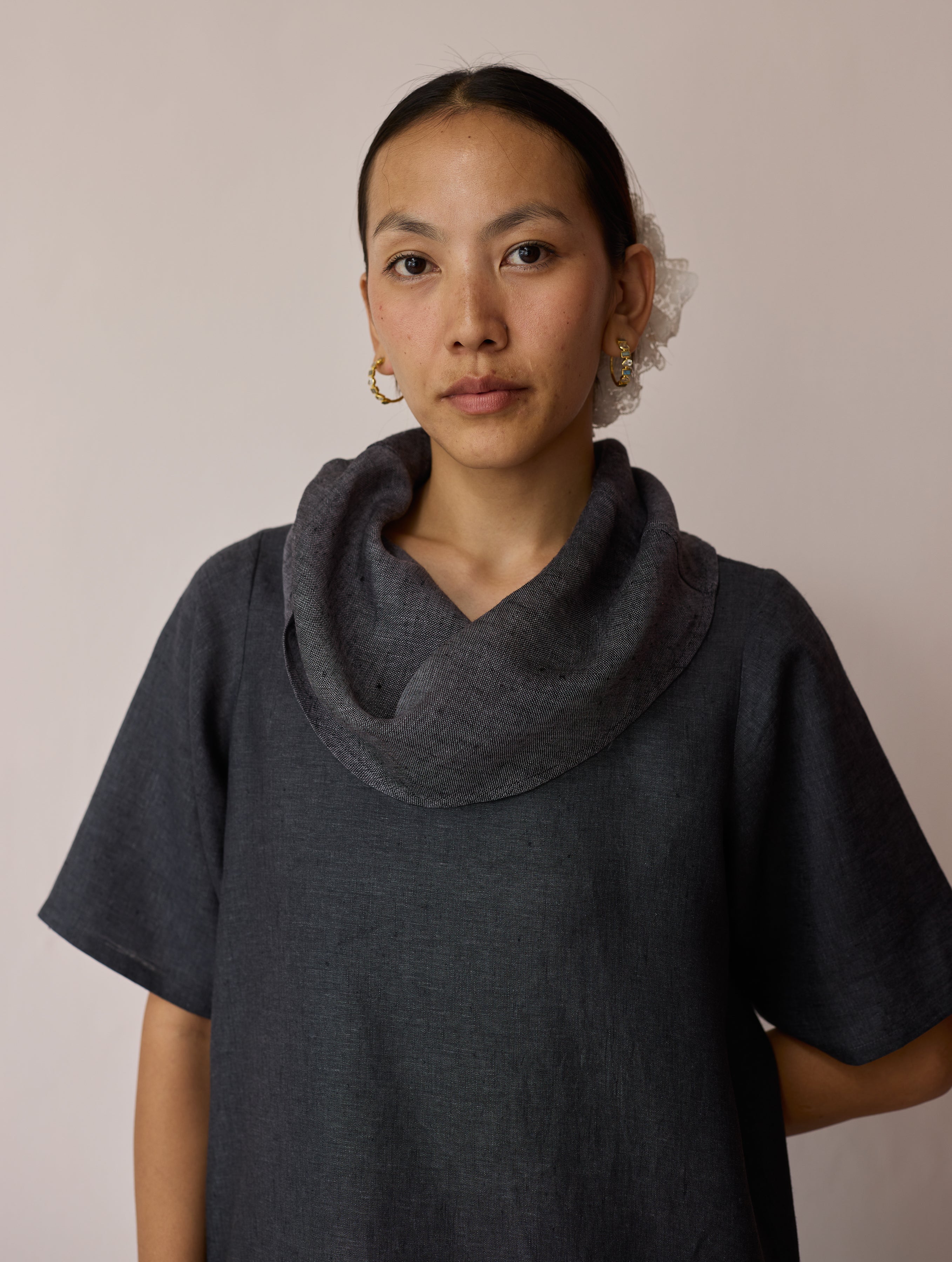 Kora Cowl-Neck Patchwork Linen Kurta - Charcoal - Image 4