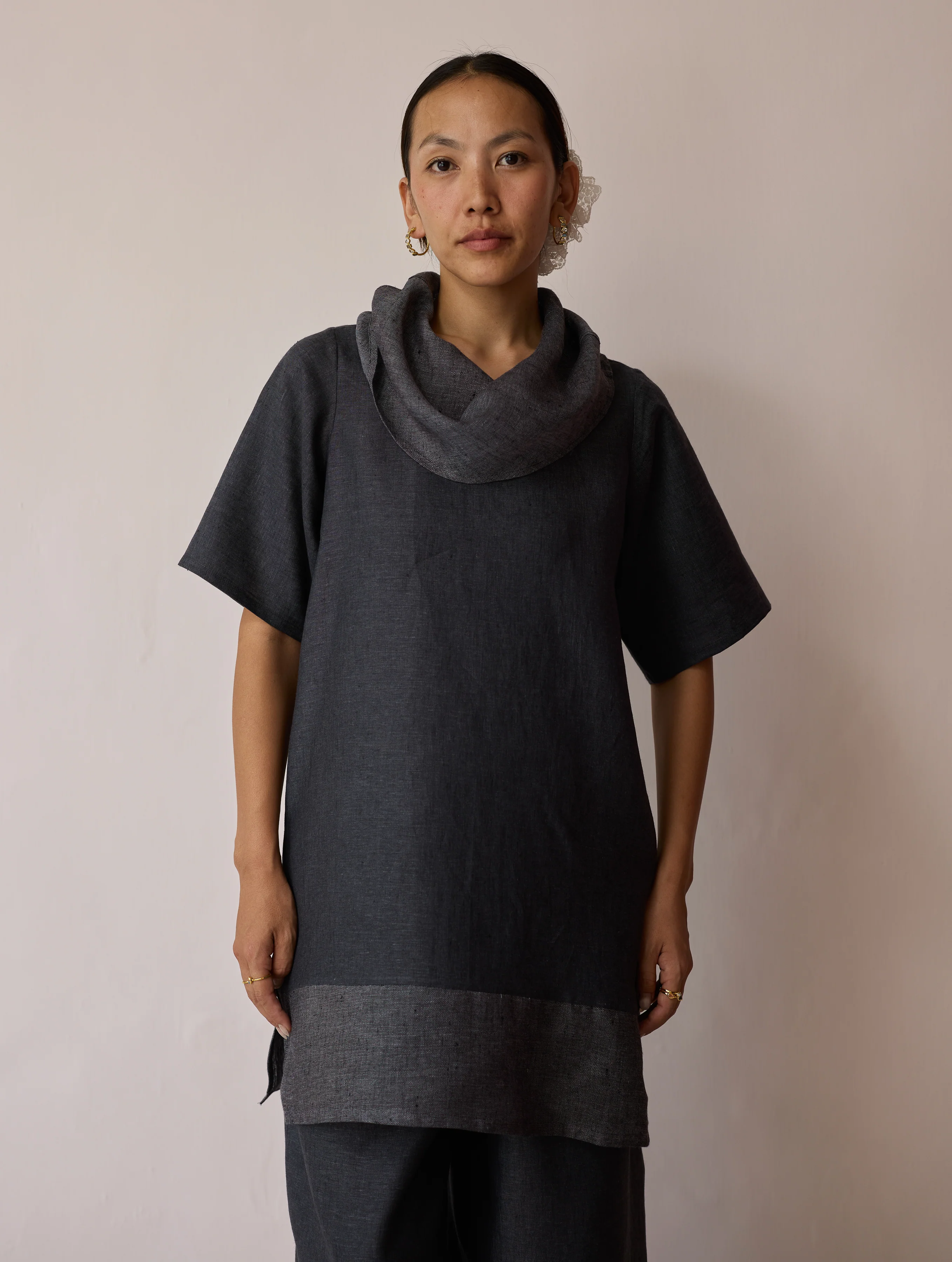 Kora Cowl-Neck Patchwork Linen Kurta - Charcoal - Image 5