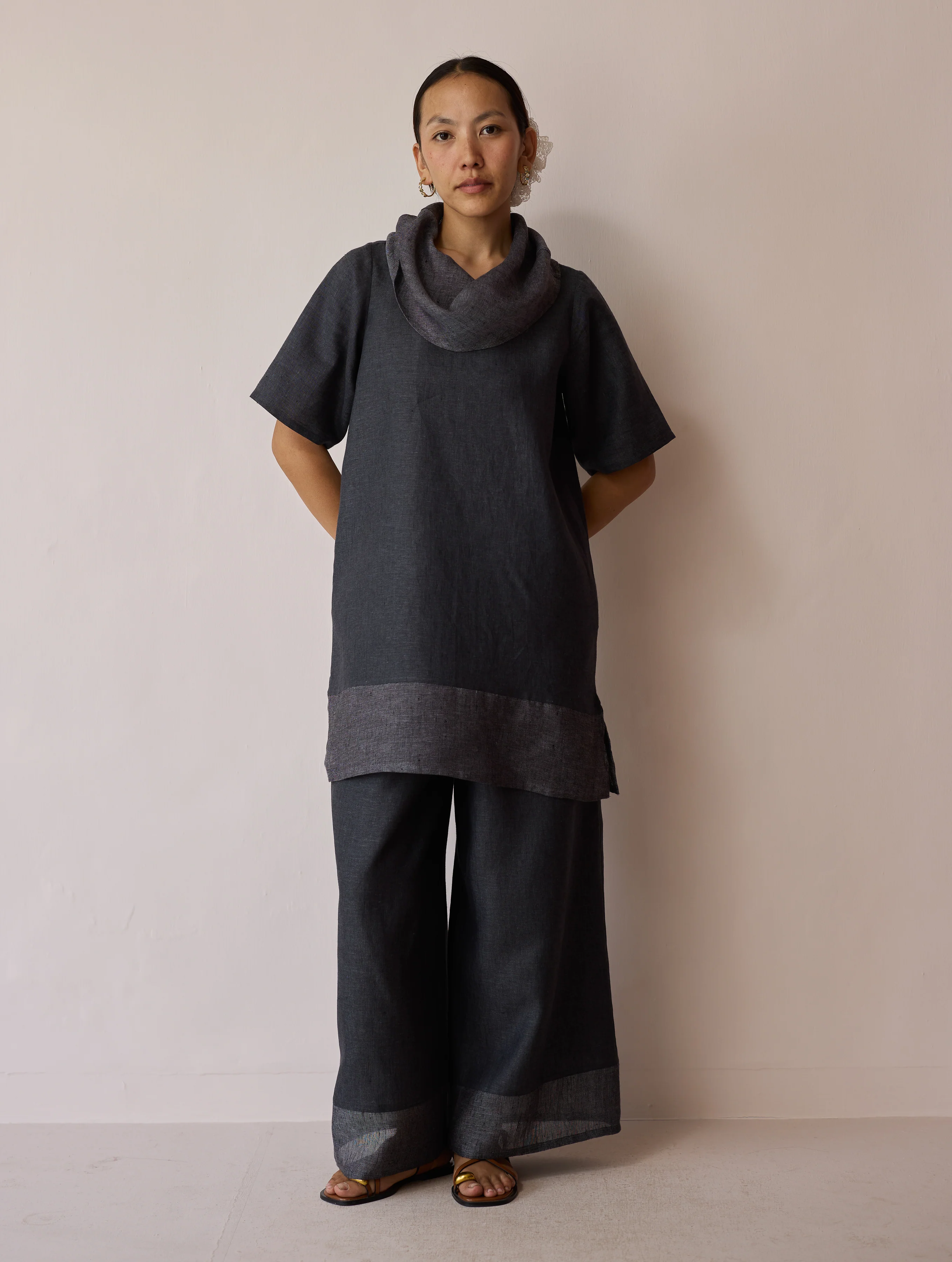 Kora Cowl-Neck Patchwork Linen Kurta - Charcoal - Image 6
