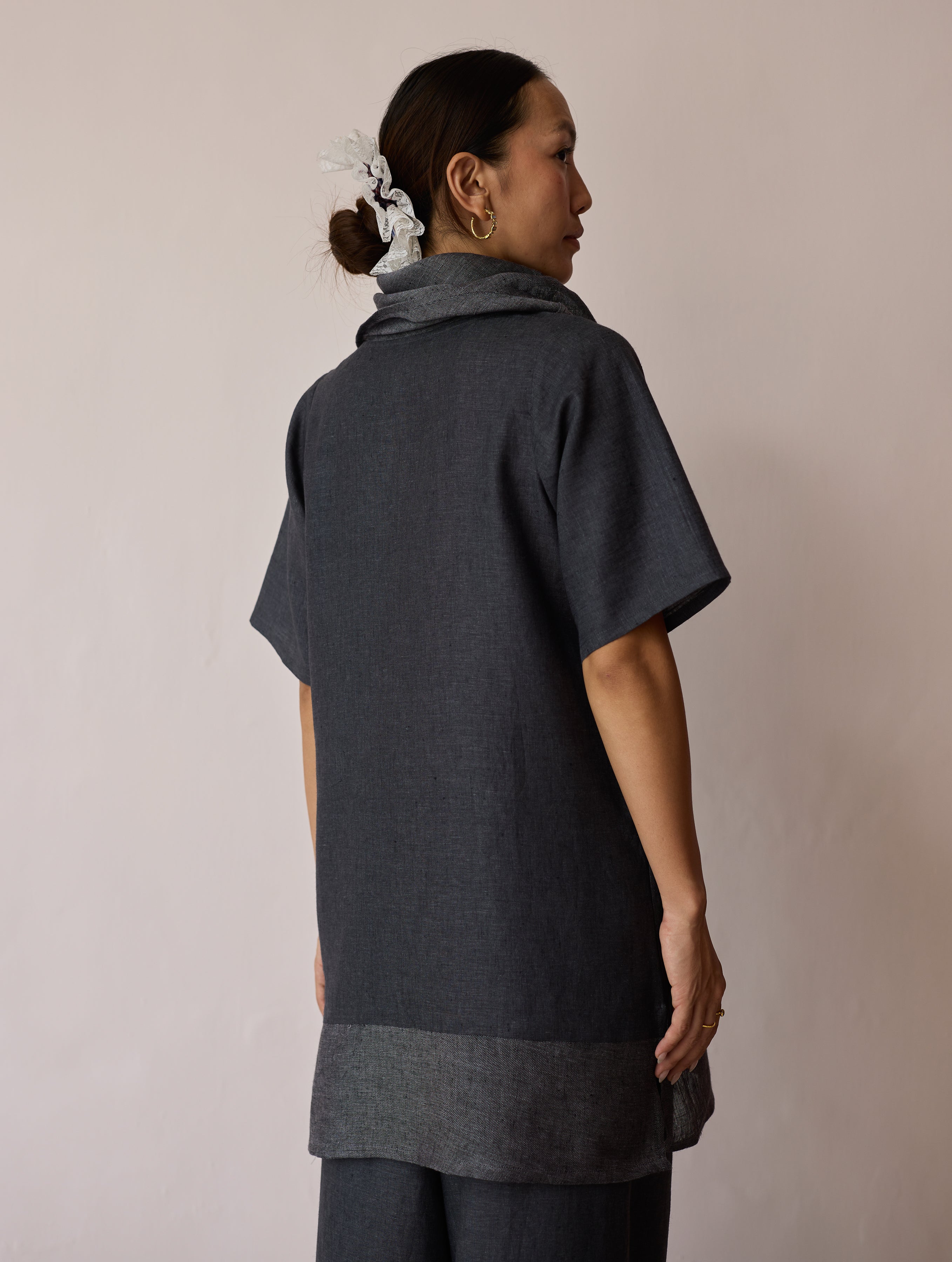 Kora Cowl-Neck Patchwork Linen Kurta - Charcoal - Image 7