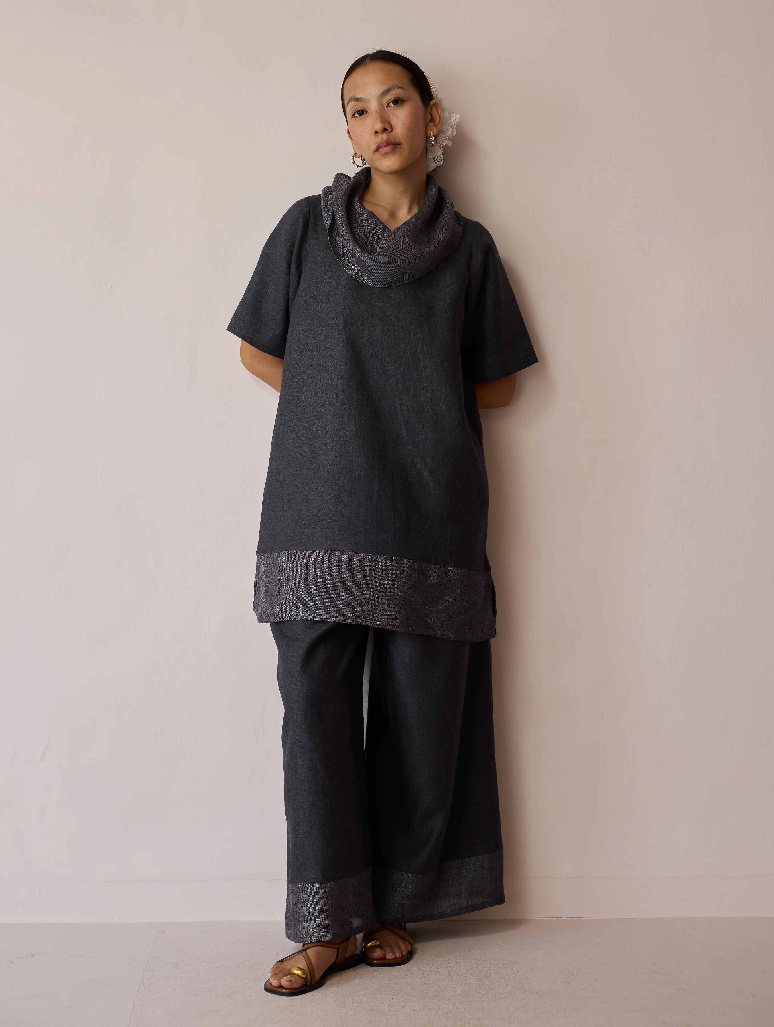 Kora Cowl-Neck Patchwork Linen Kurta - Charcoal - Image 8
