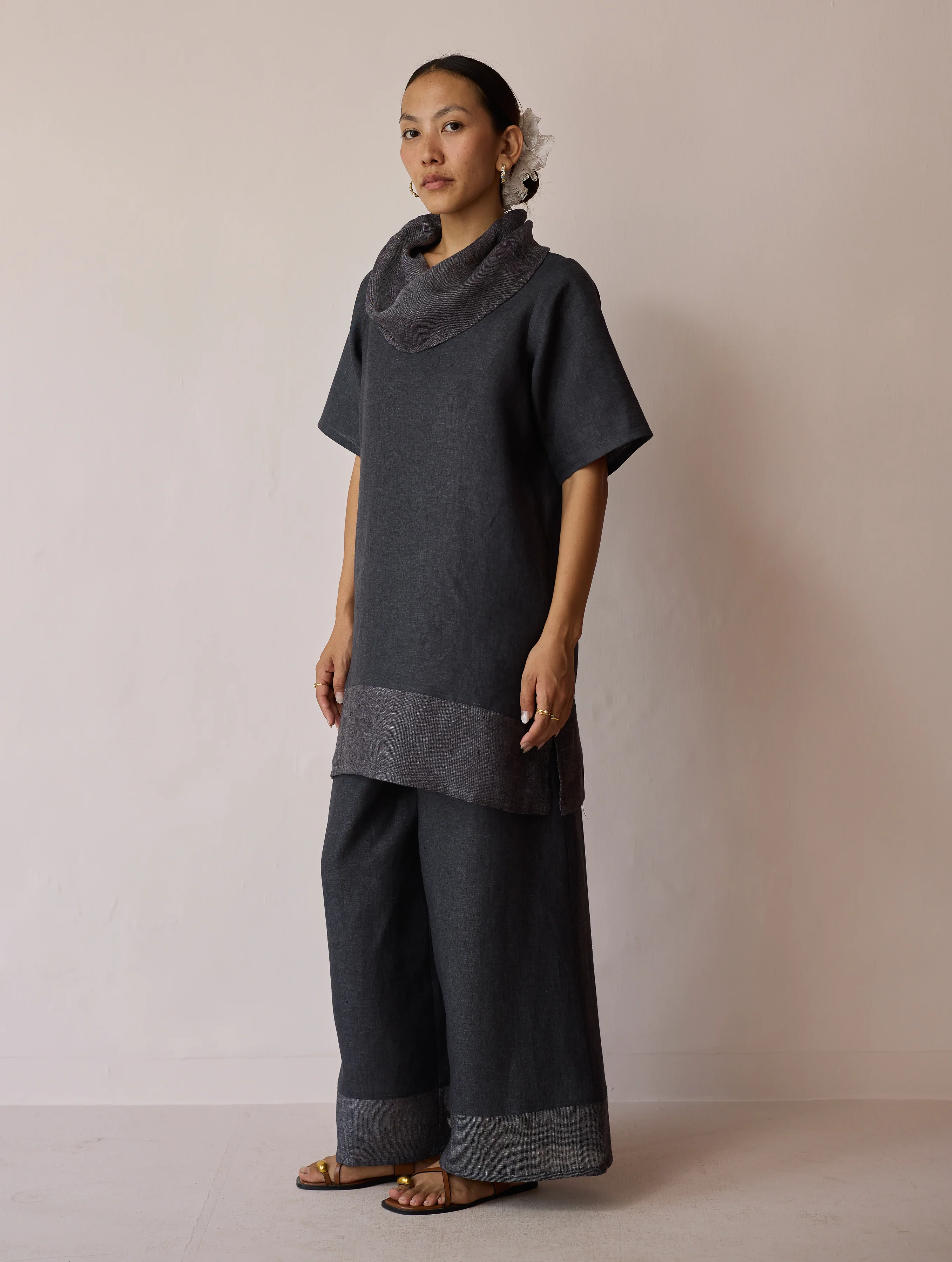 Kora Cowl-Neck Patchwork Linen Kurta - Charcoal - Image 9