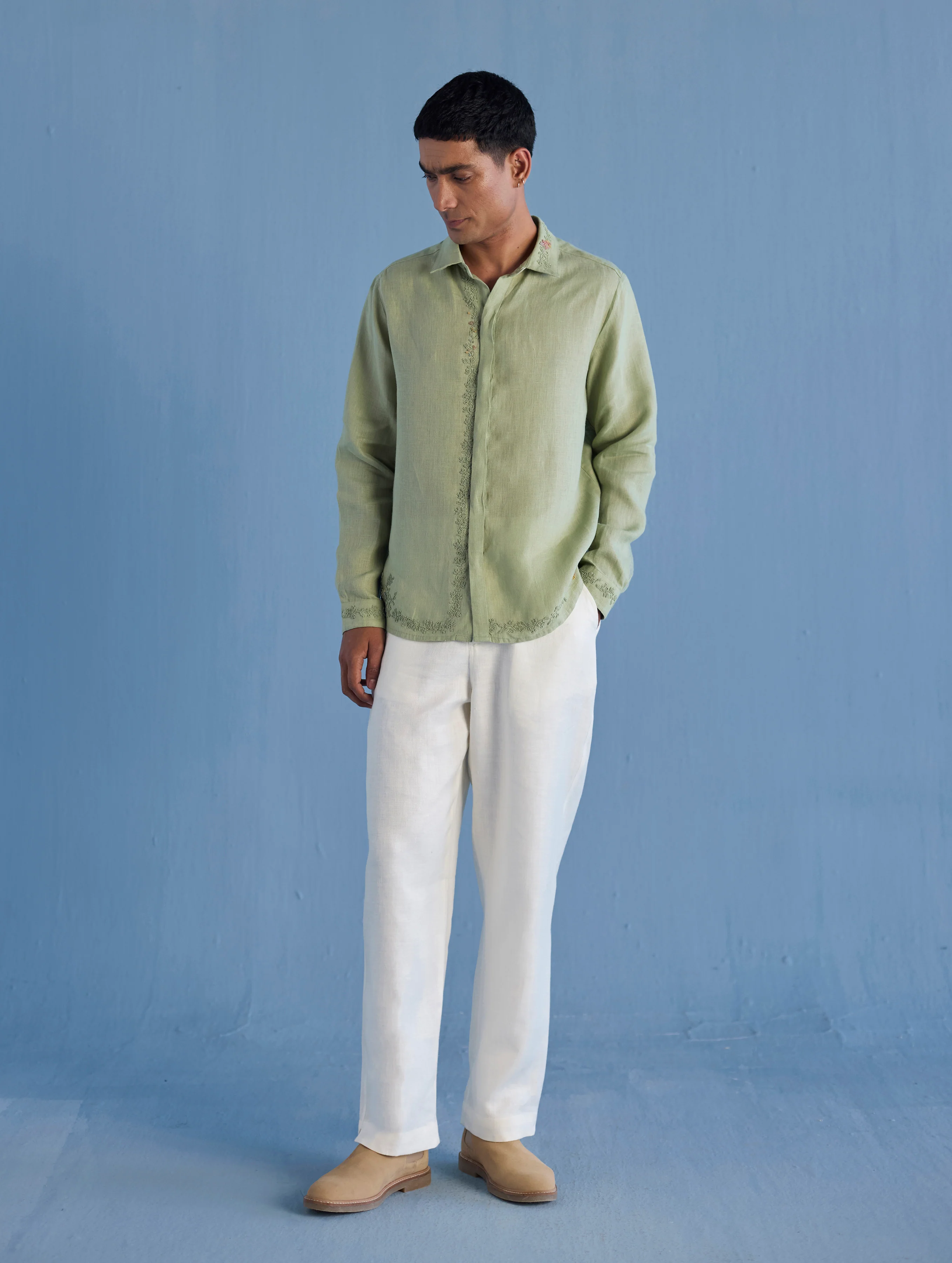 Kuru Hand-Embroidered Linen Shirt - Mint - Image 4