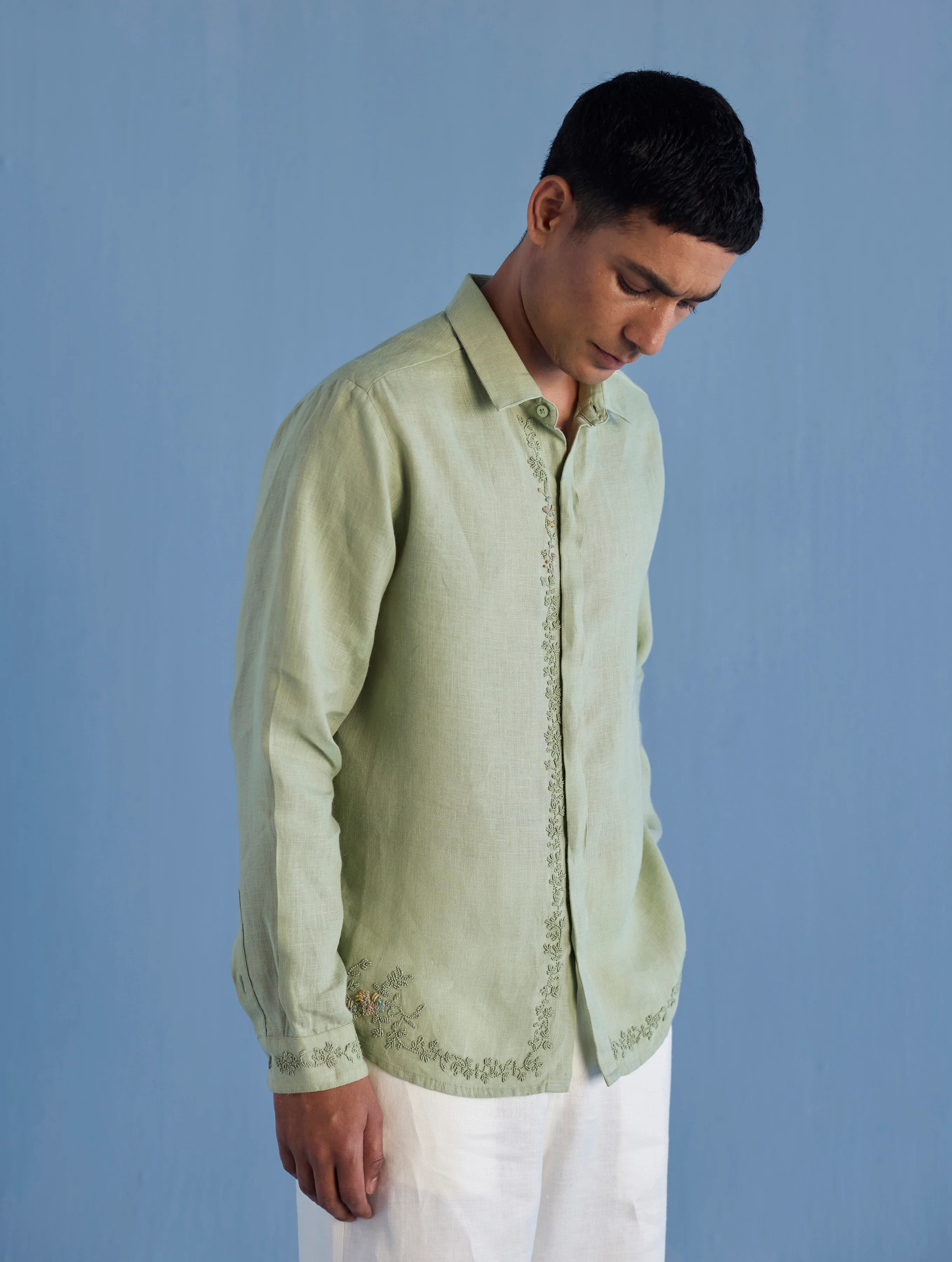 Kuru Hand-Embroidered Linen Shirt - Mint - Image 5