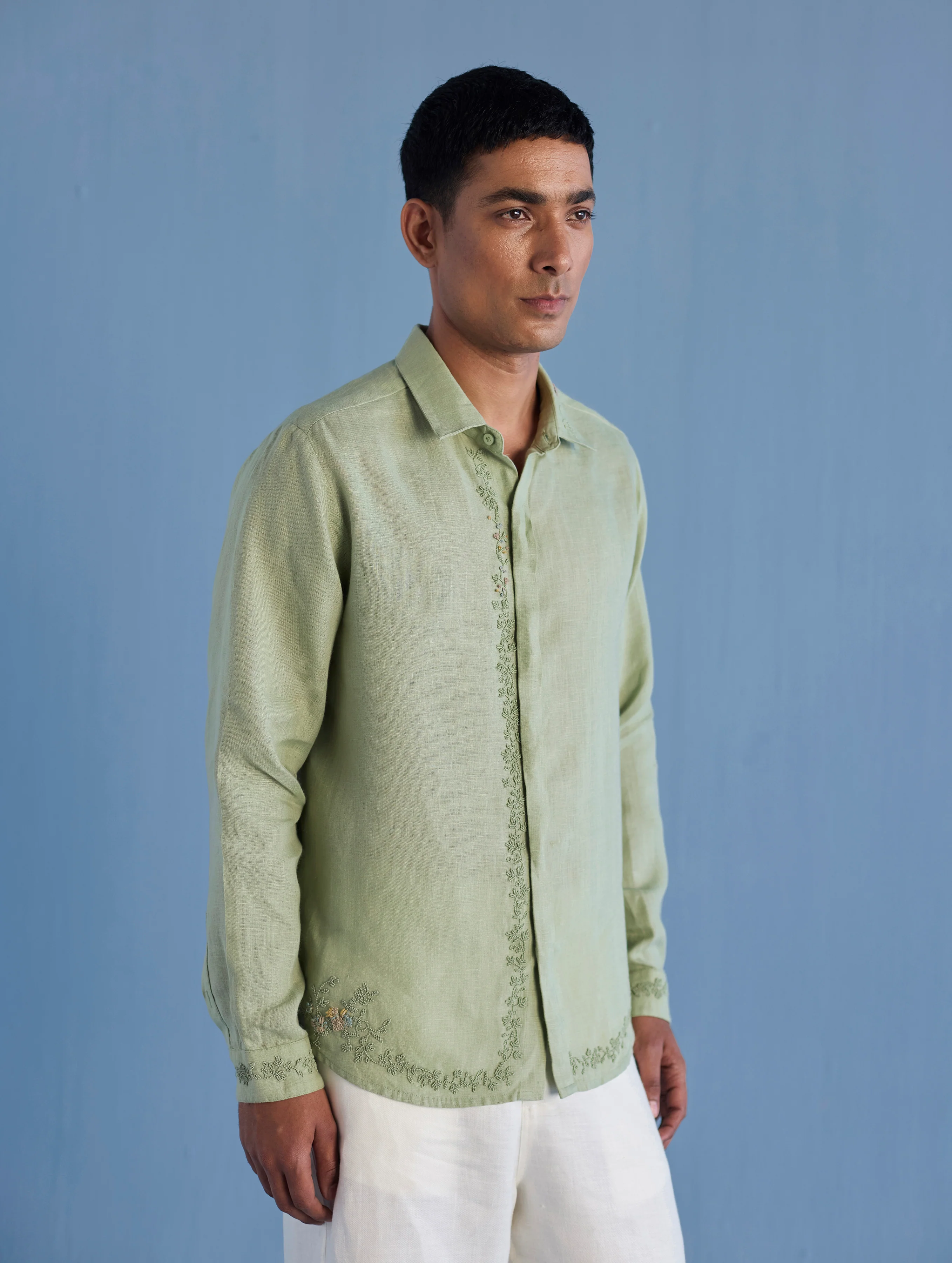 Kuru Hand-Embroidered Linen Shirt - Mint - Image 7