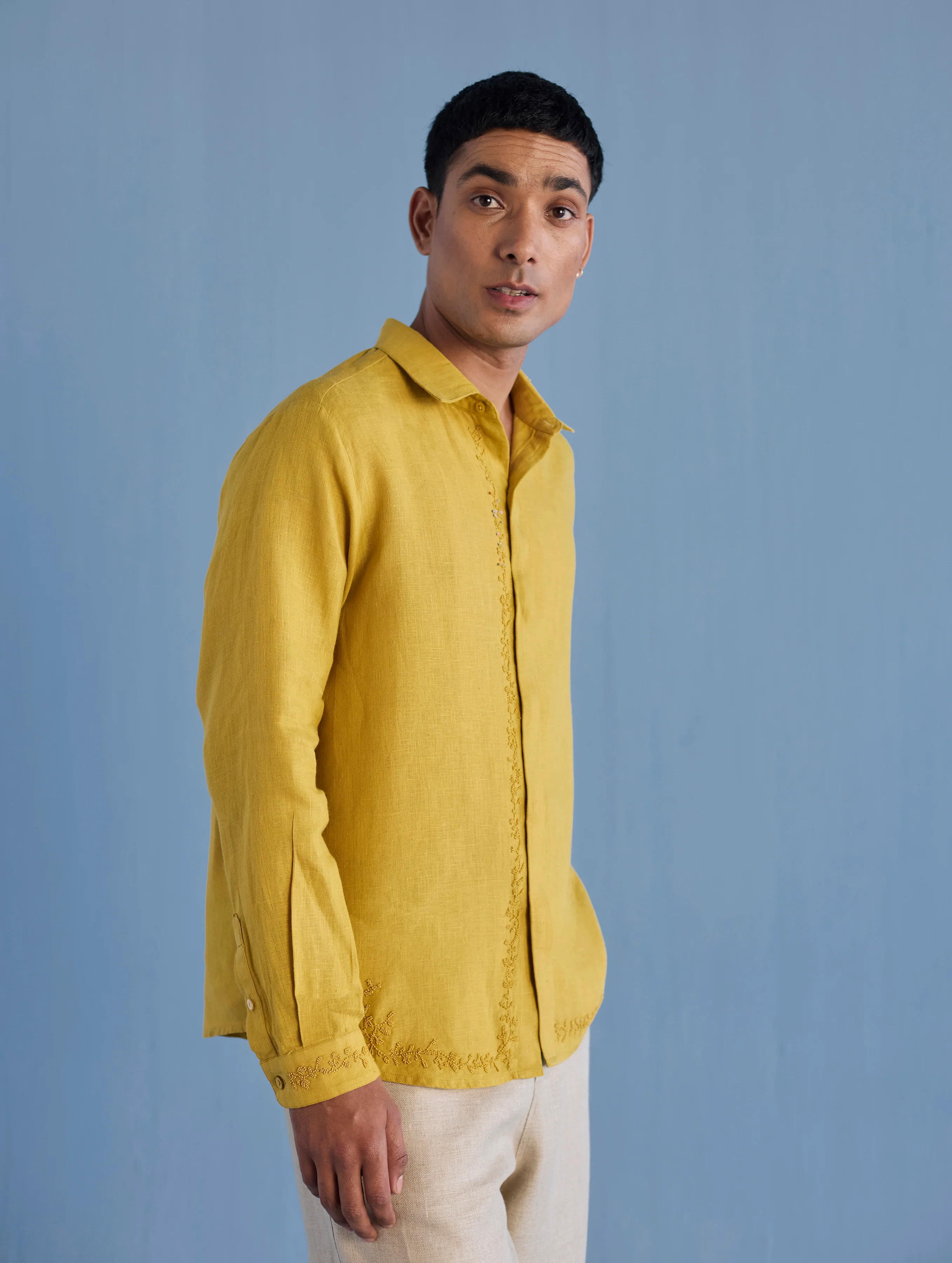Kuru Hand-Embroidered Linen Shirt - Ochre - Image 2