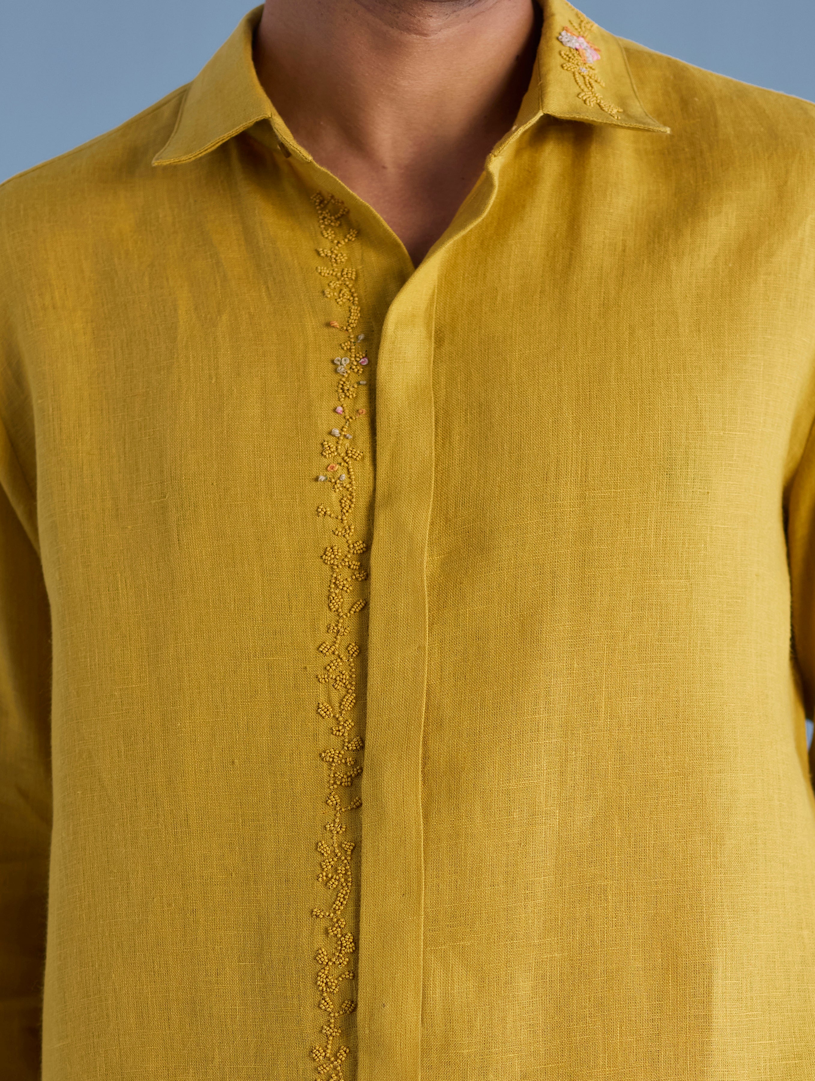 Kuru Hand-Embroidered Linen Shirt - Ochre - Image 3