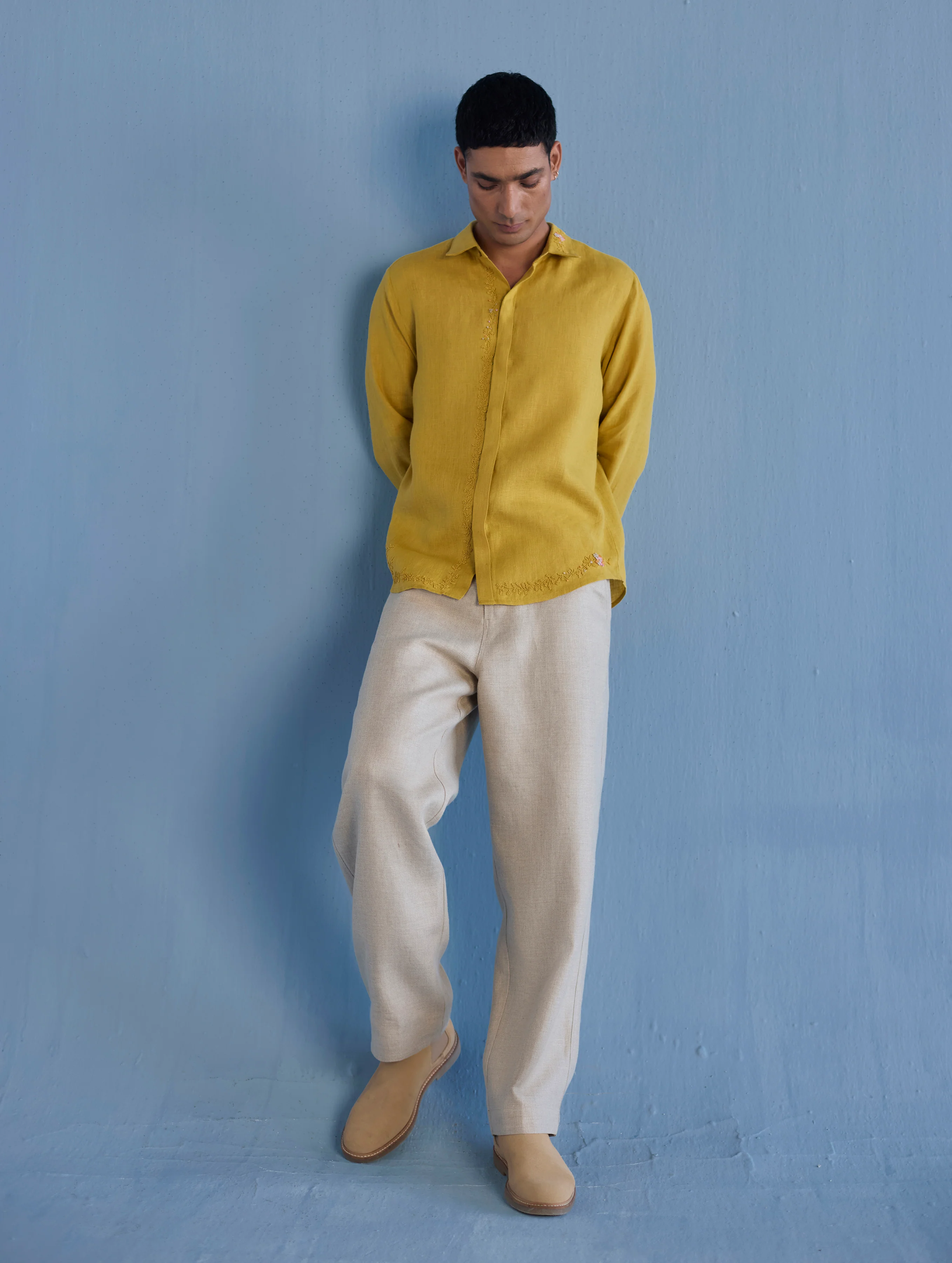 Kuru Hand-Embroidered Linen Shirt - Ochre - Image 4