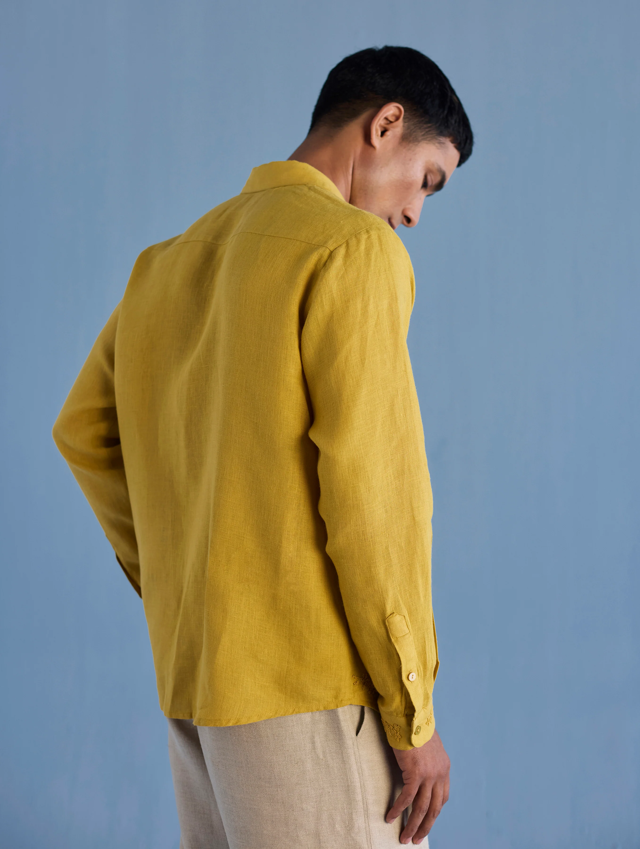 Kuru Hand-Embroidered Linen Shirt - Ochre - Image 5