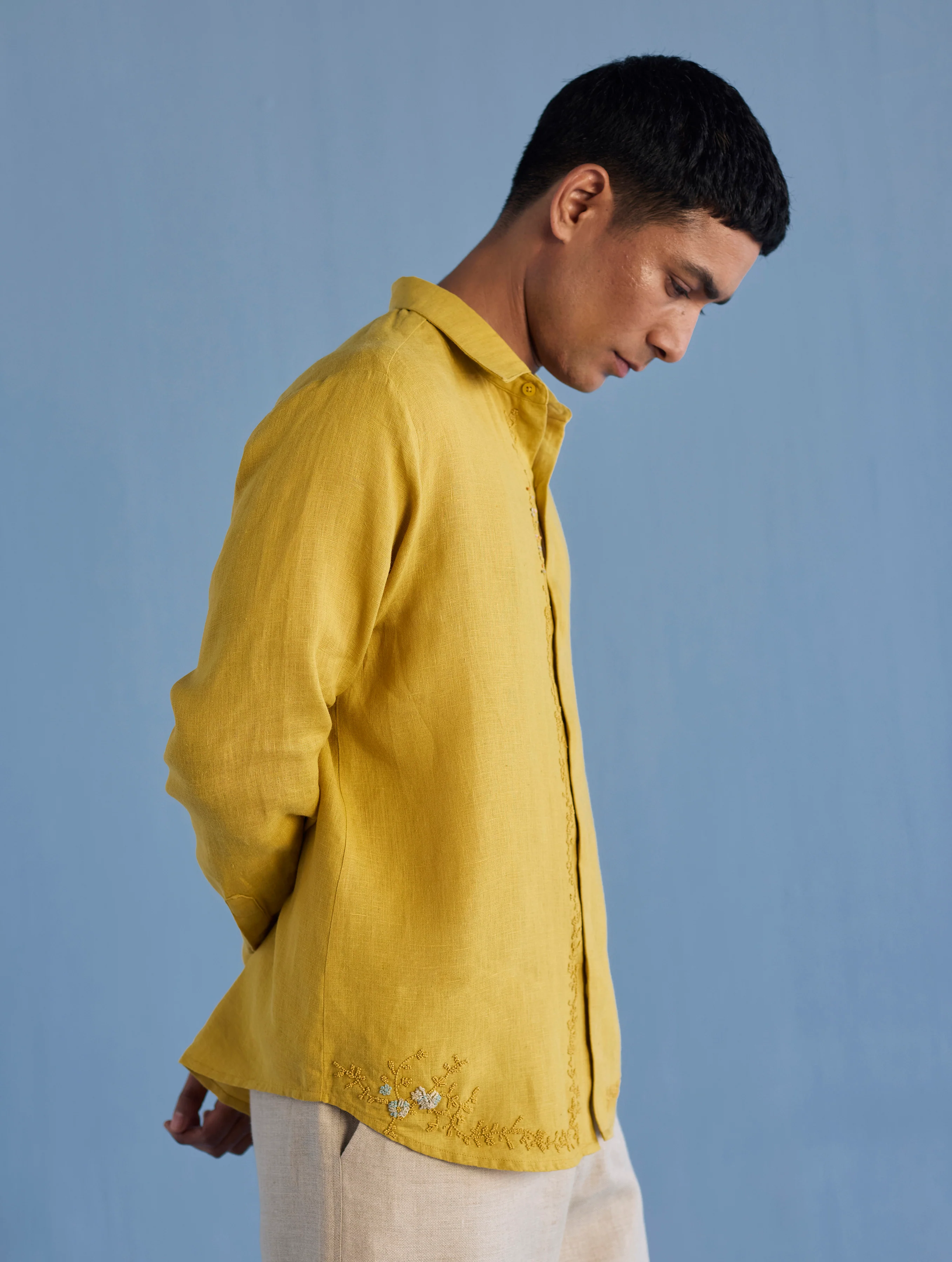 Kuru Hand-Embroidered Linen Shirt - Ochre - Image 6