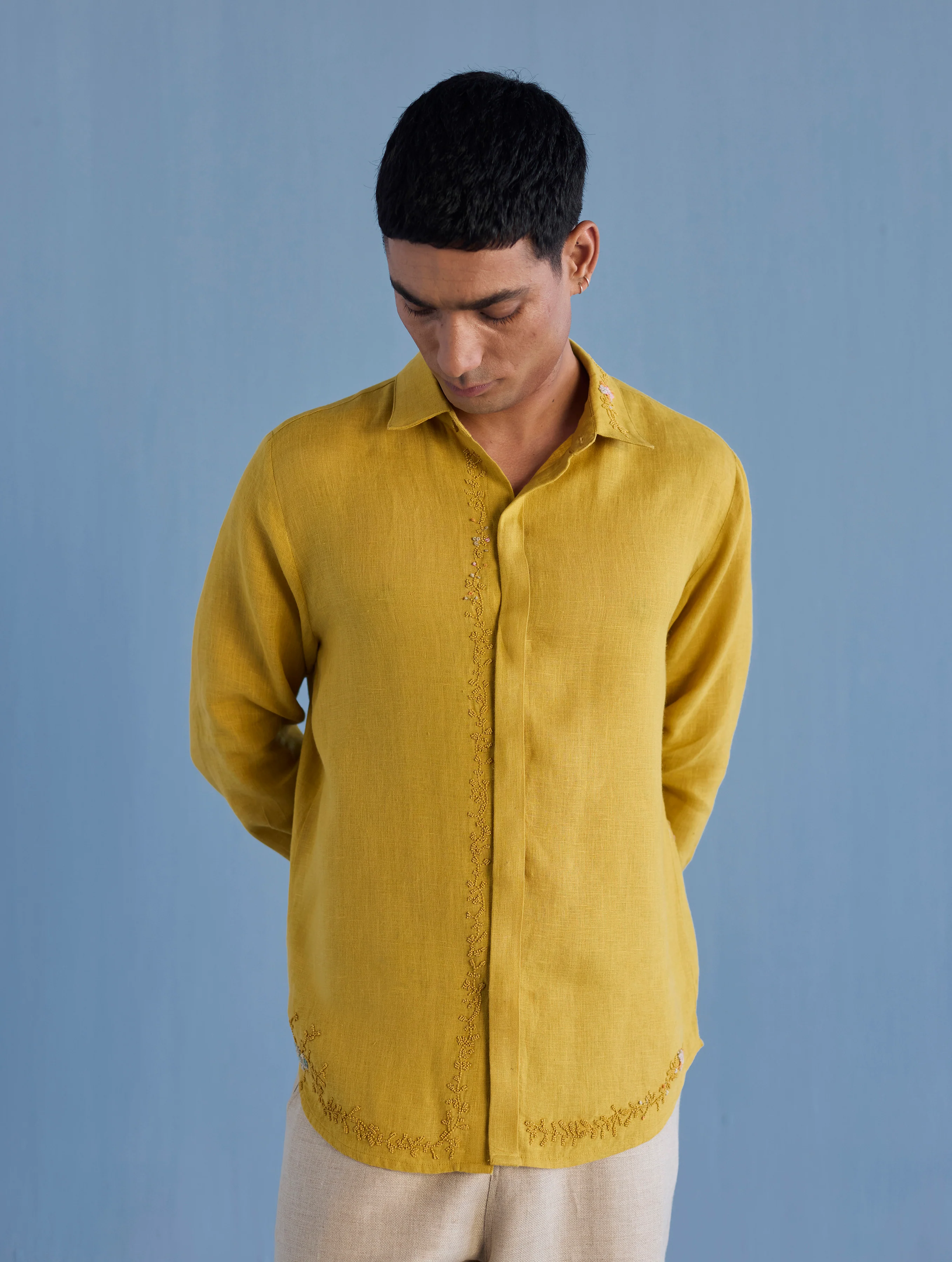 Kuru Hand-Embroidered Linen Shirt - Ochre - Image 7