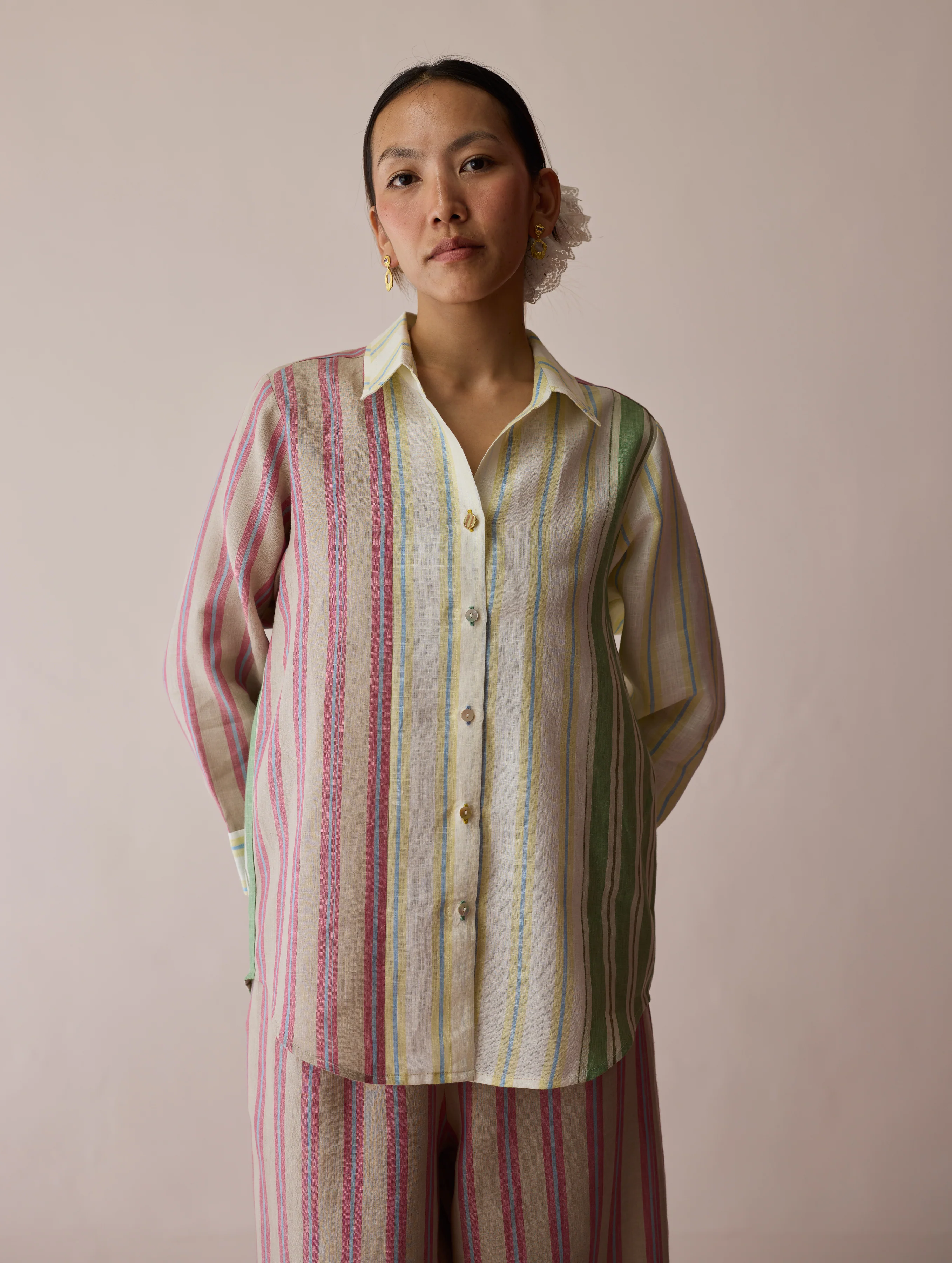 Leena Patchwork Stripe Linen Shirt - Image 9