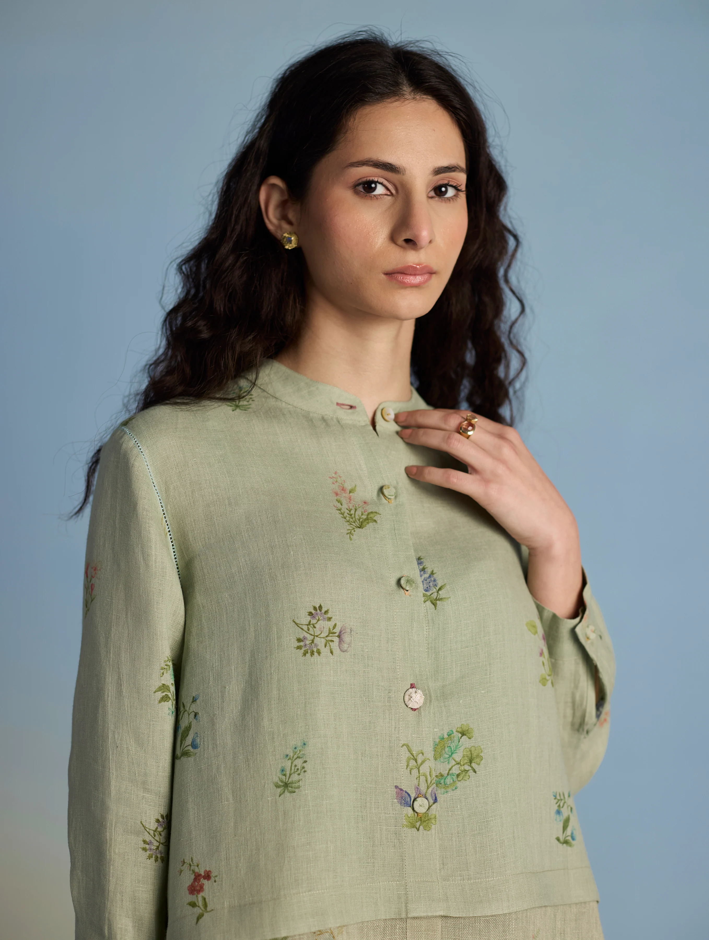 Leina A-Line Floral Linen Shirt - Mint - Image 5