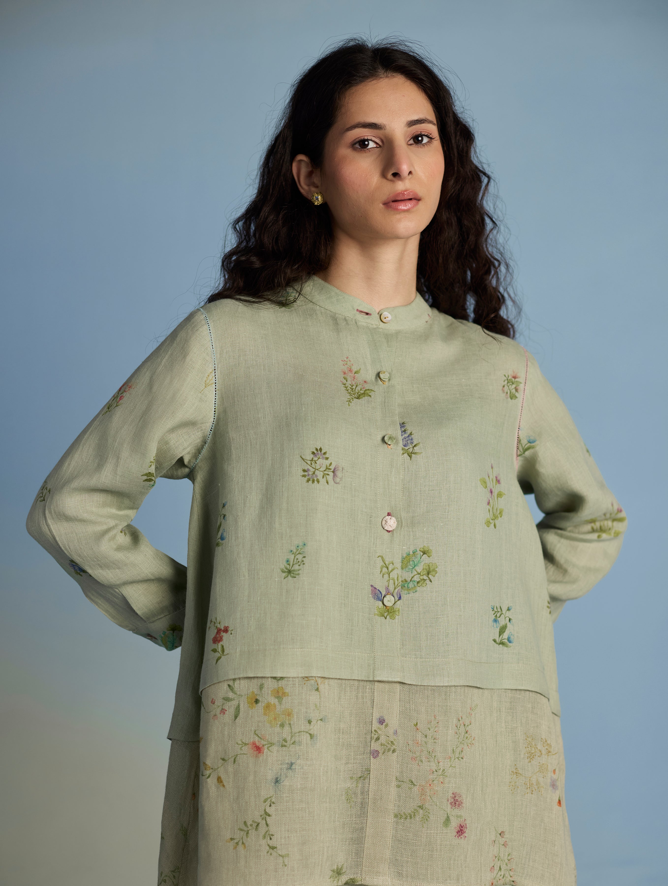 Leina A-Line Floral Linen Shirt - Mint - Image 6