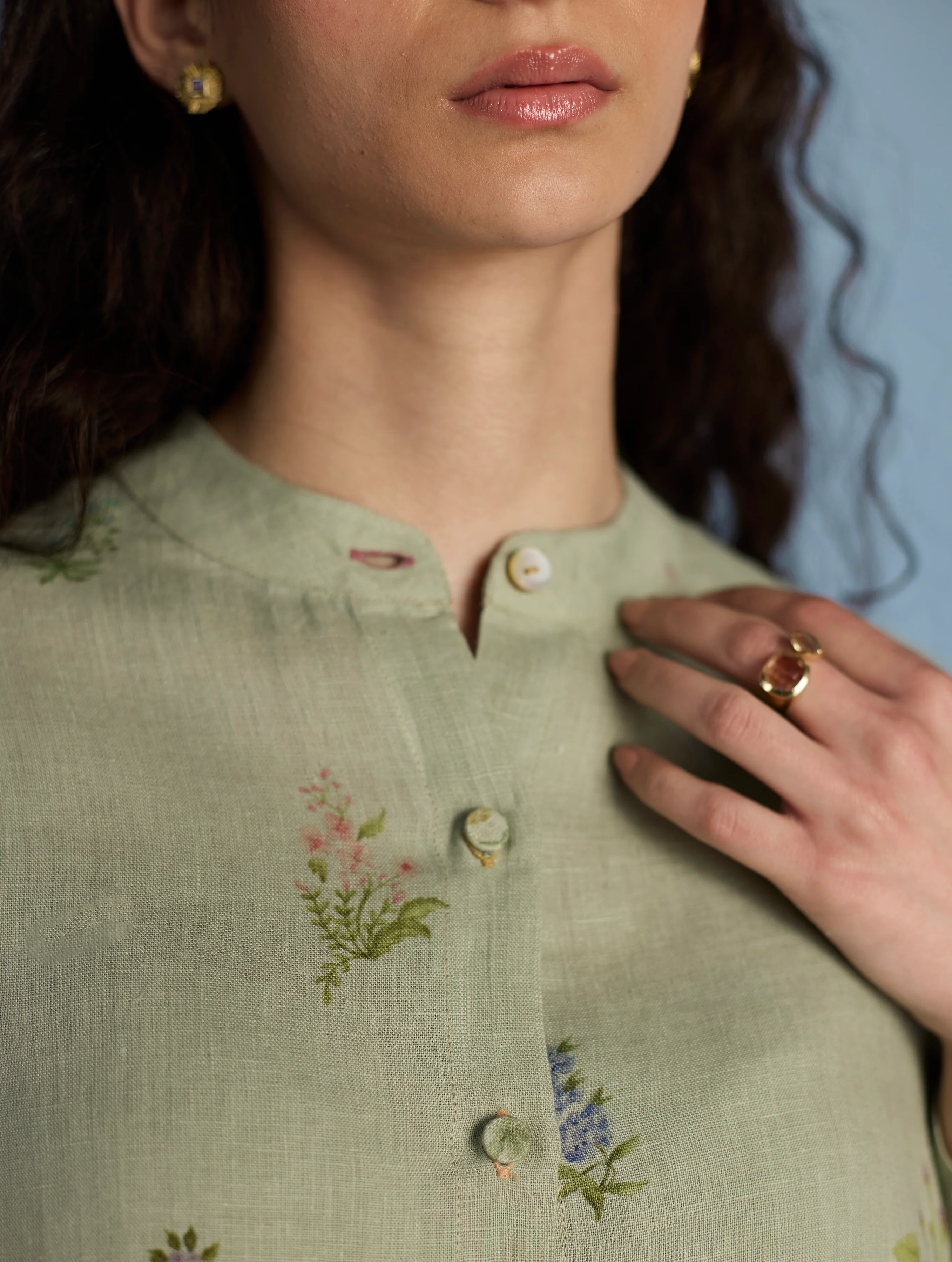 Leina A-Line Floral Linen Shirt - Mint - Image 7