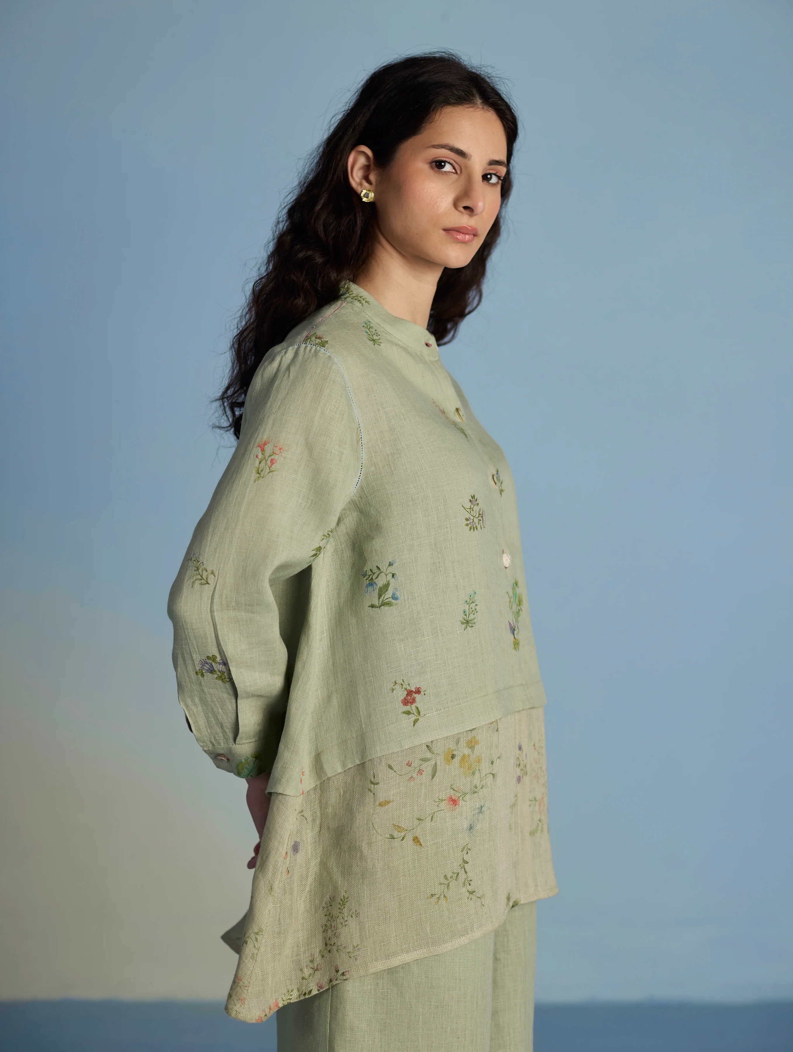 Leina A-Line Floral Linen Shirt - Mint - Image 8