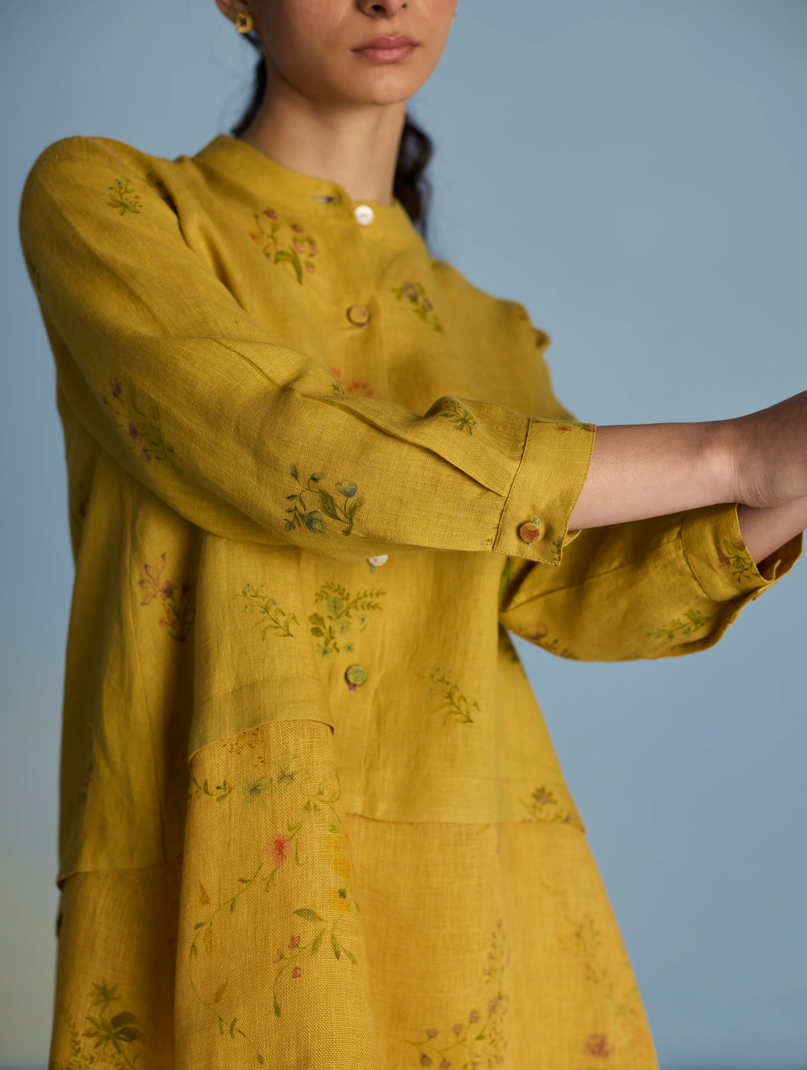 Leina A-Line Floral Linen Shirt - Ochre - Image 2