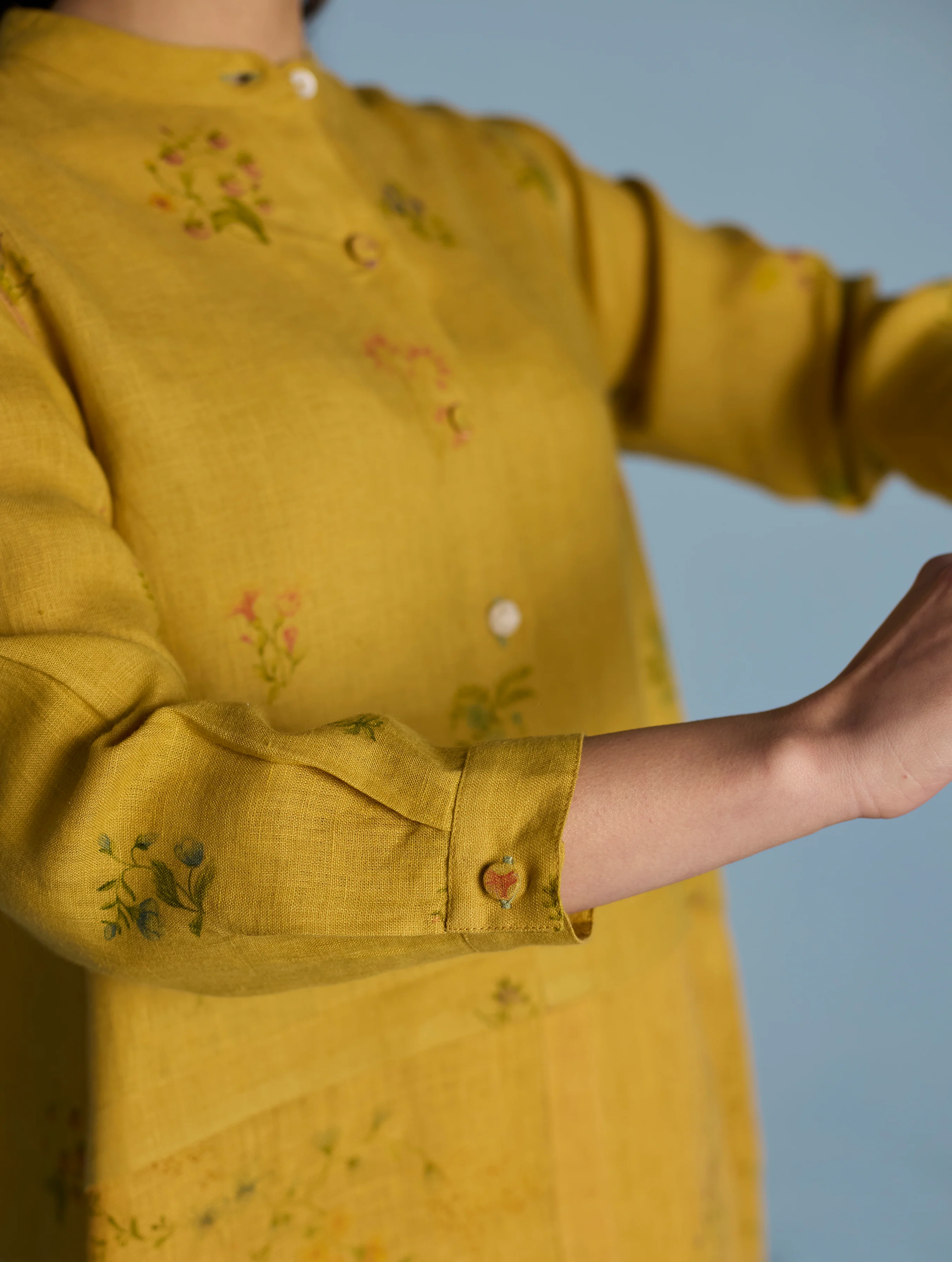 Leina A-Line Floral Linen Shirt - Ochre - Image 4