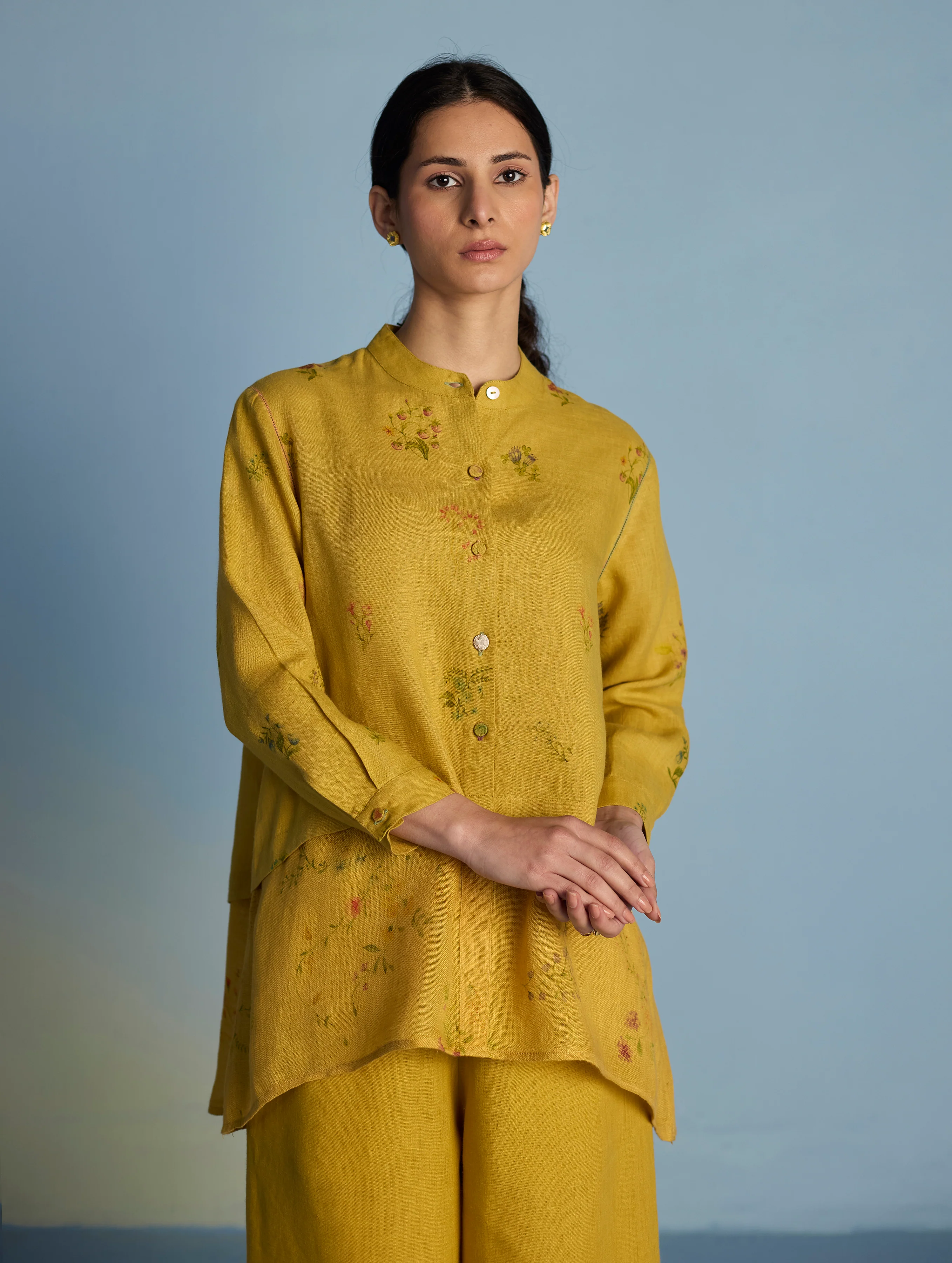 Leina A-Line Floral Linen Shirt - Ochre - Image 5
