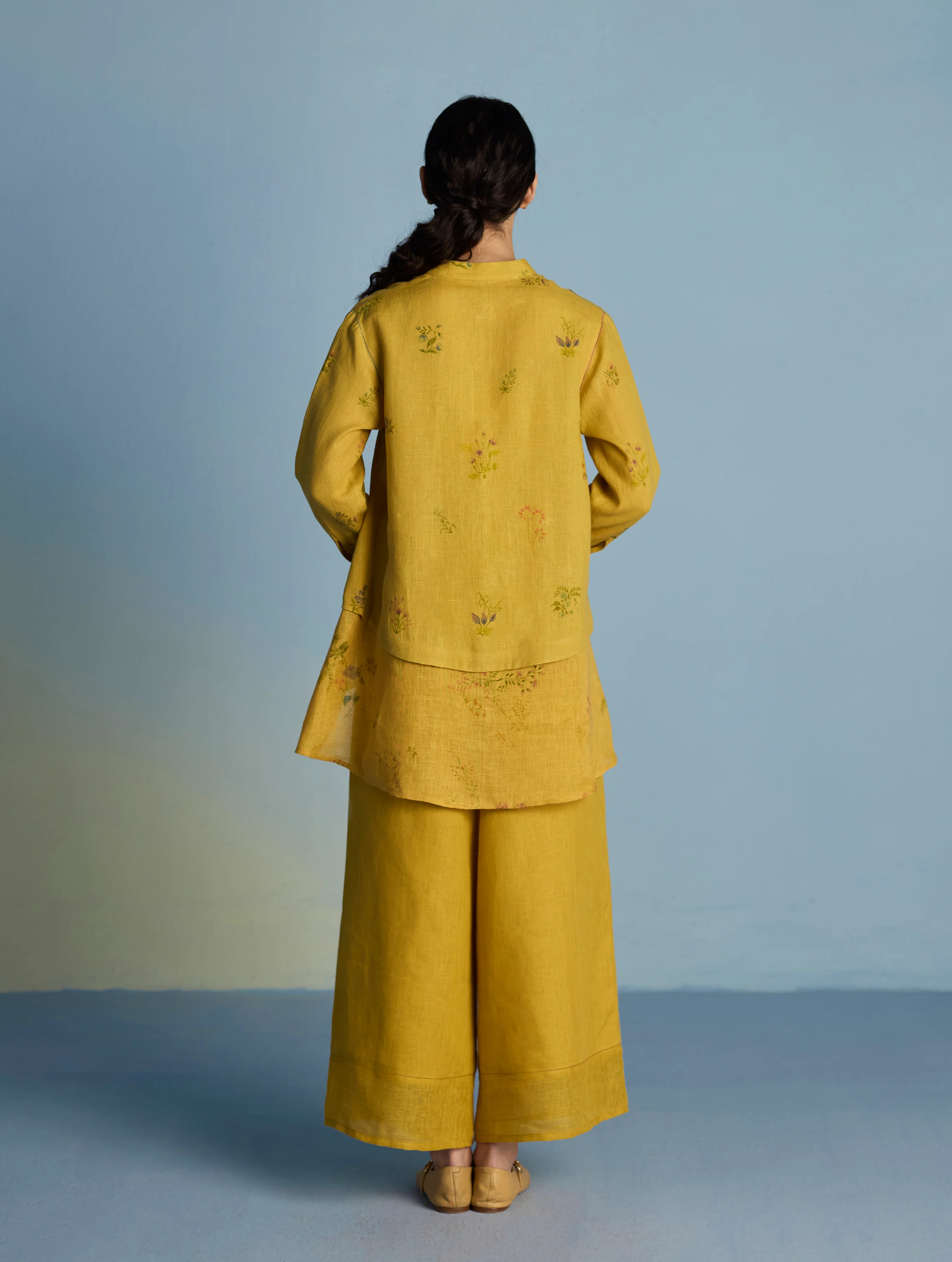 Leina A-Line Floral Linen Shirt - Ochre - Image 7