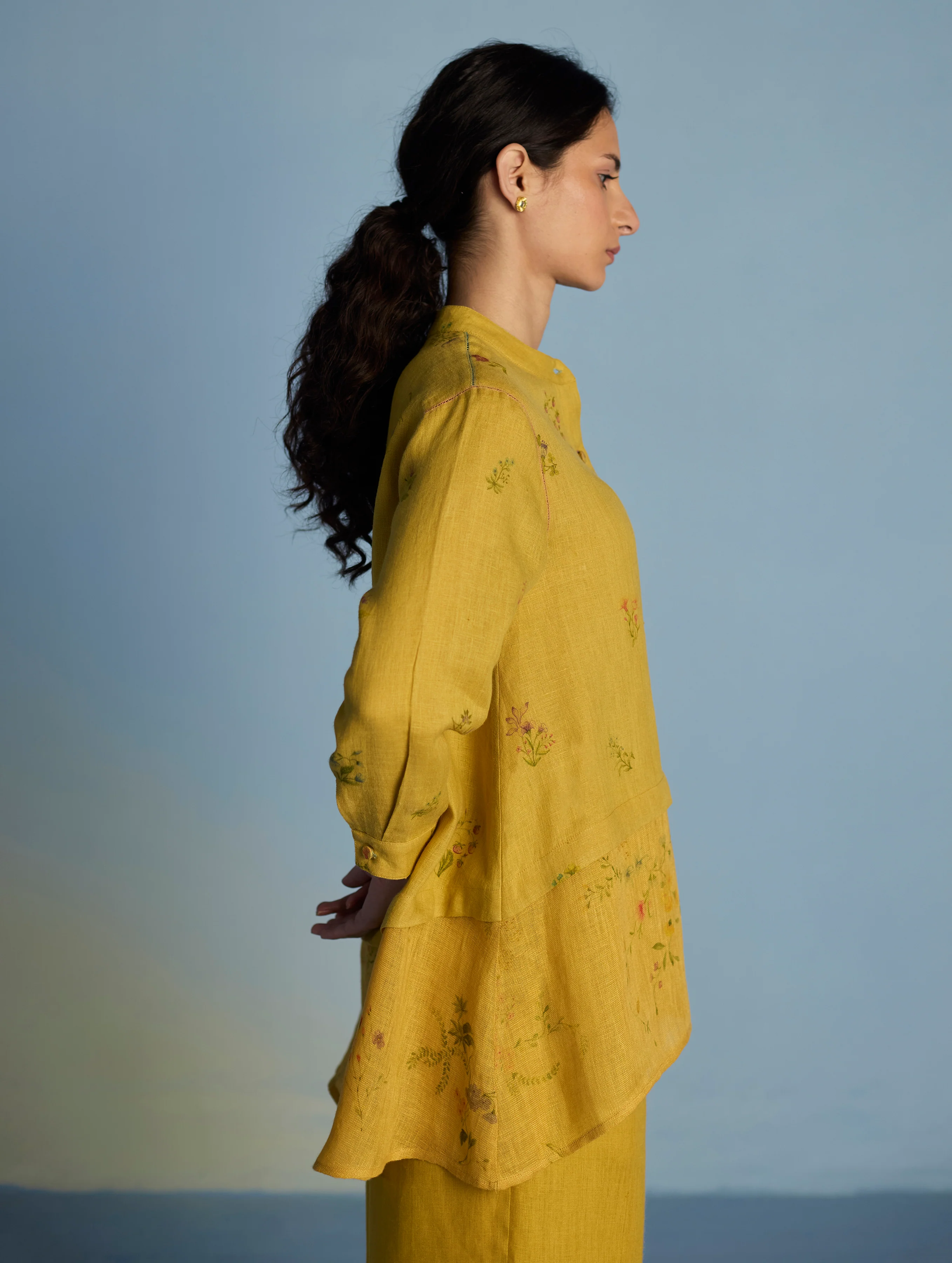 Leina A-Line Floral Linen Shirt - Ochre - Image 8