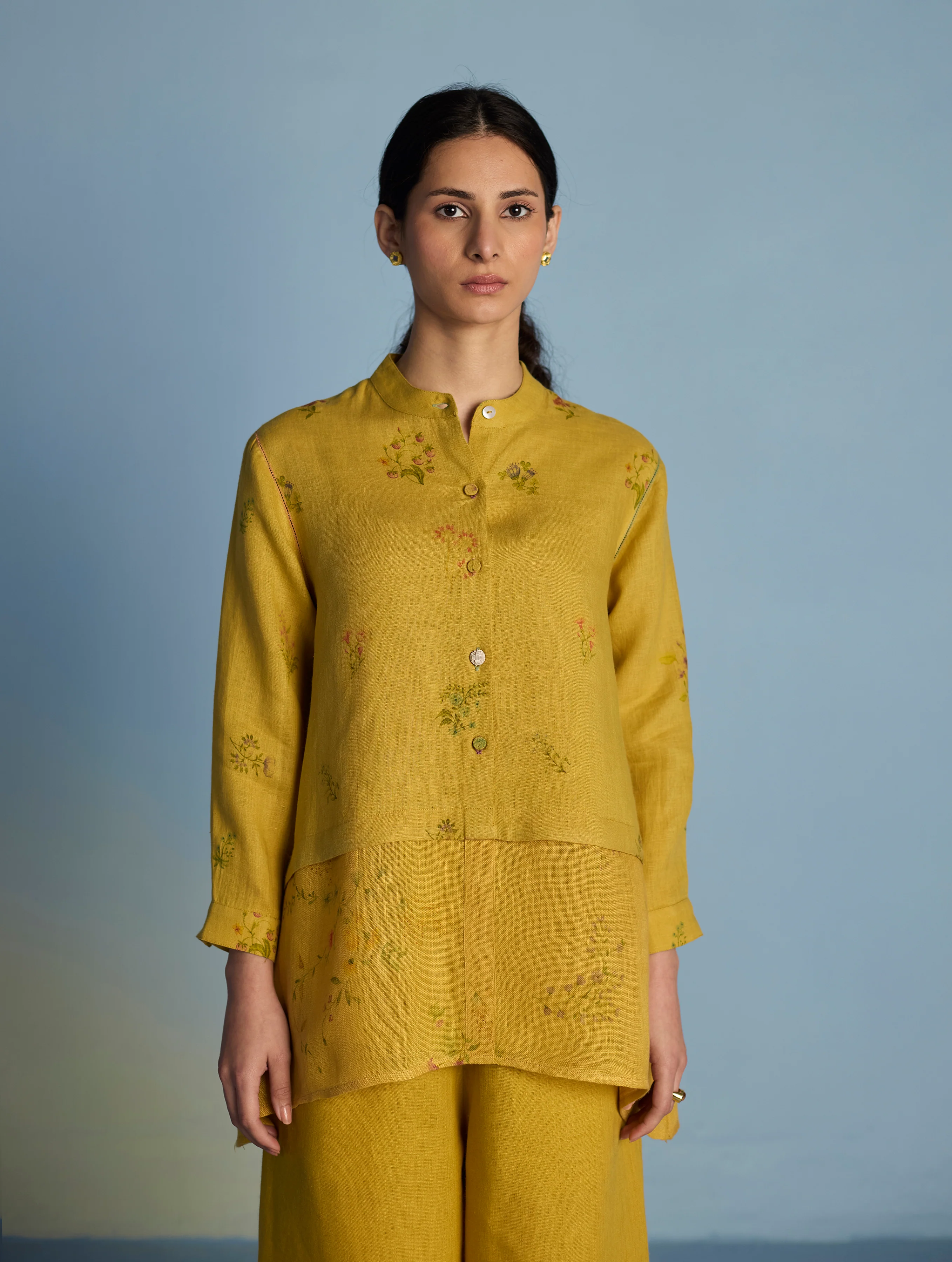 Leina A-Line Floral Linen Shirt - Ochre - Image 9