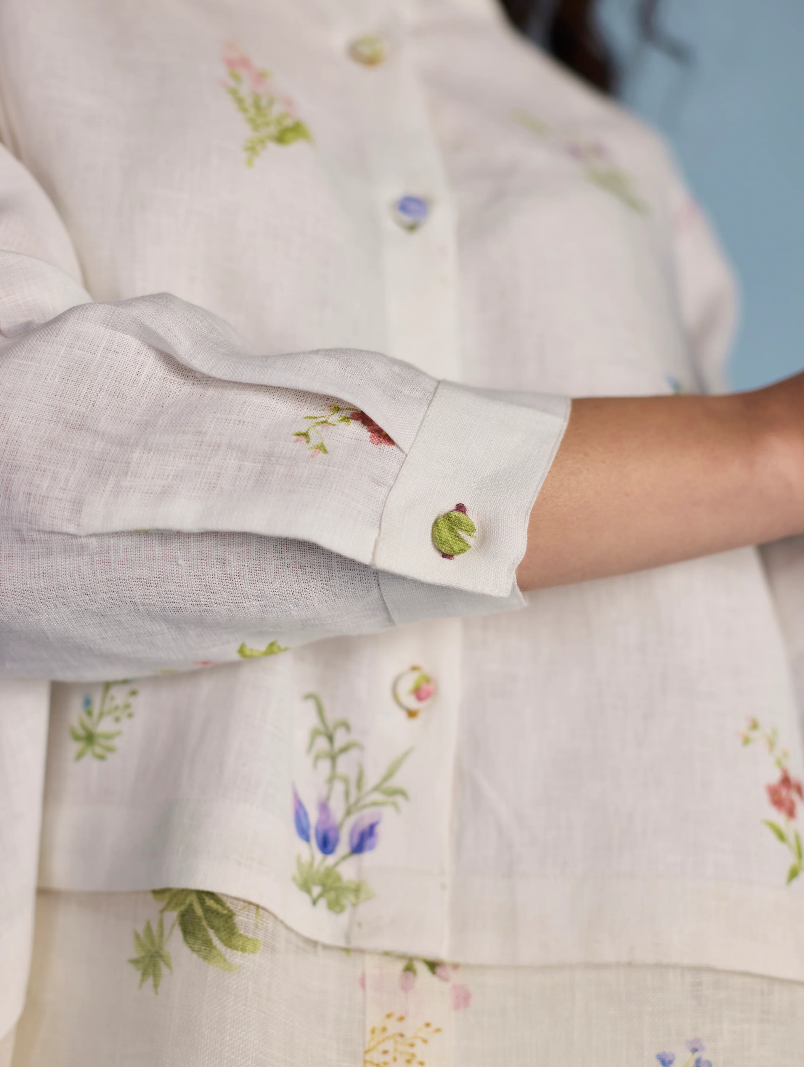 Leina Floral Linen  A-Line Shirt - White - Image 2