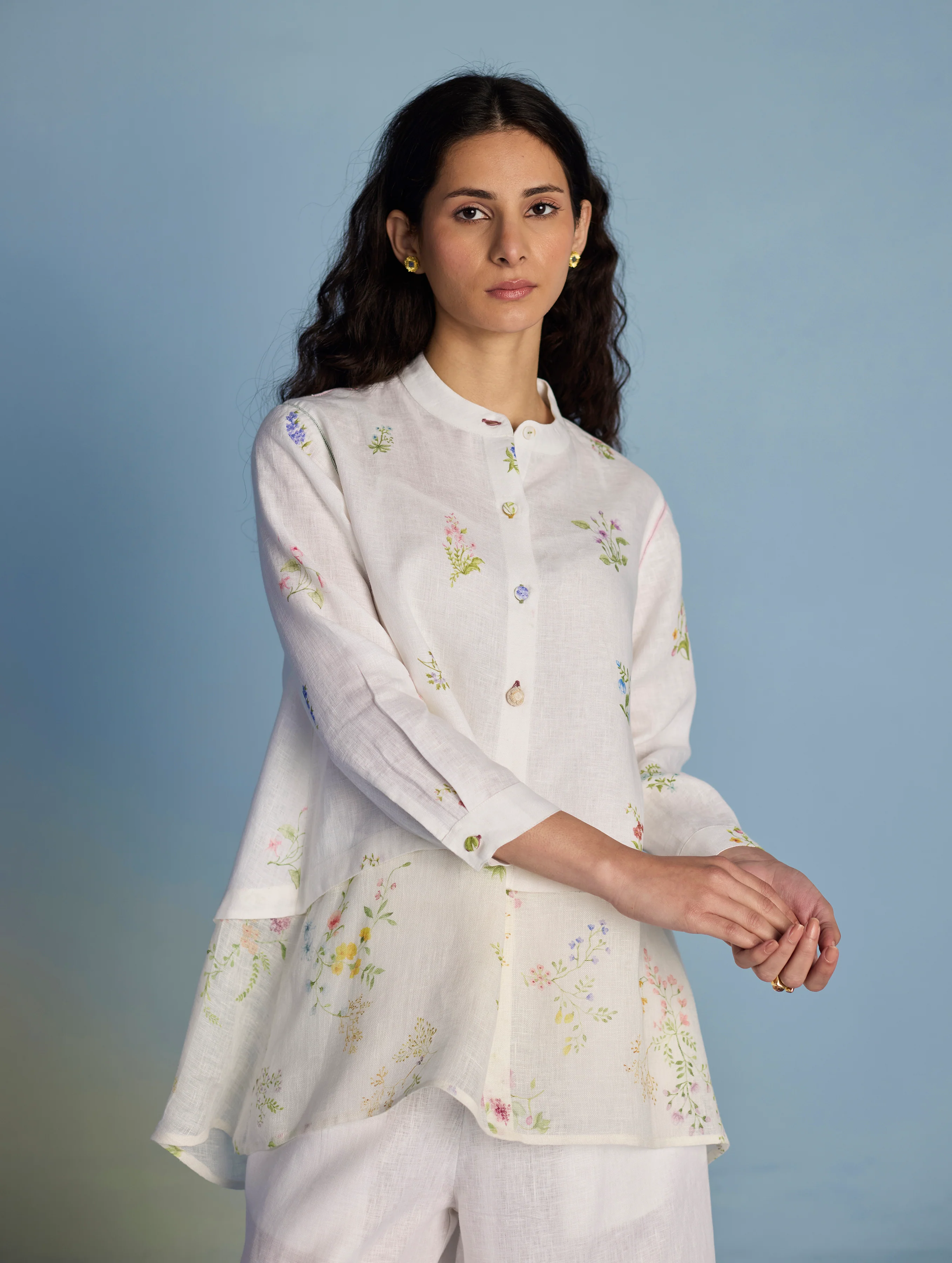 Leina Floral Linen  A-Line Shirt - White - Image 3