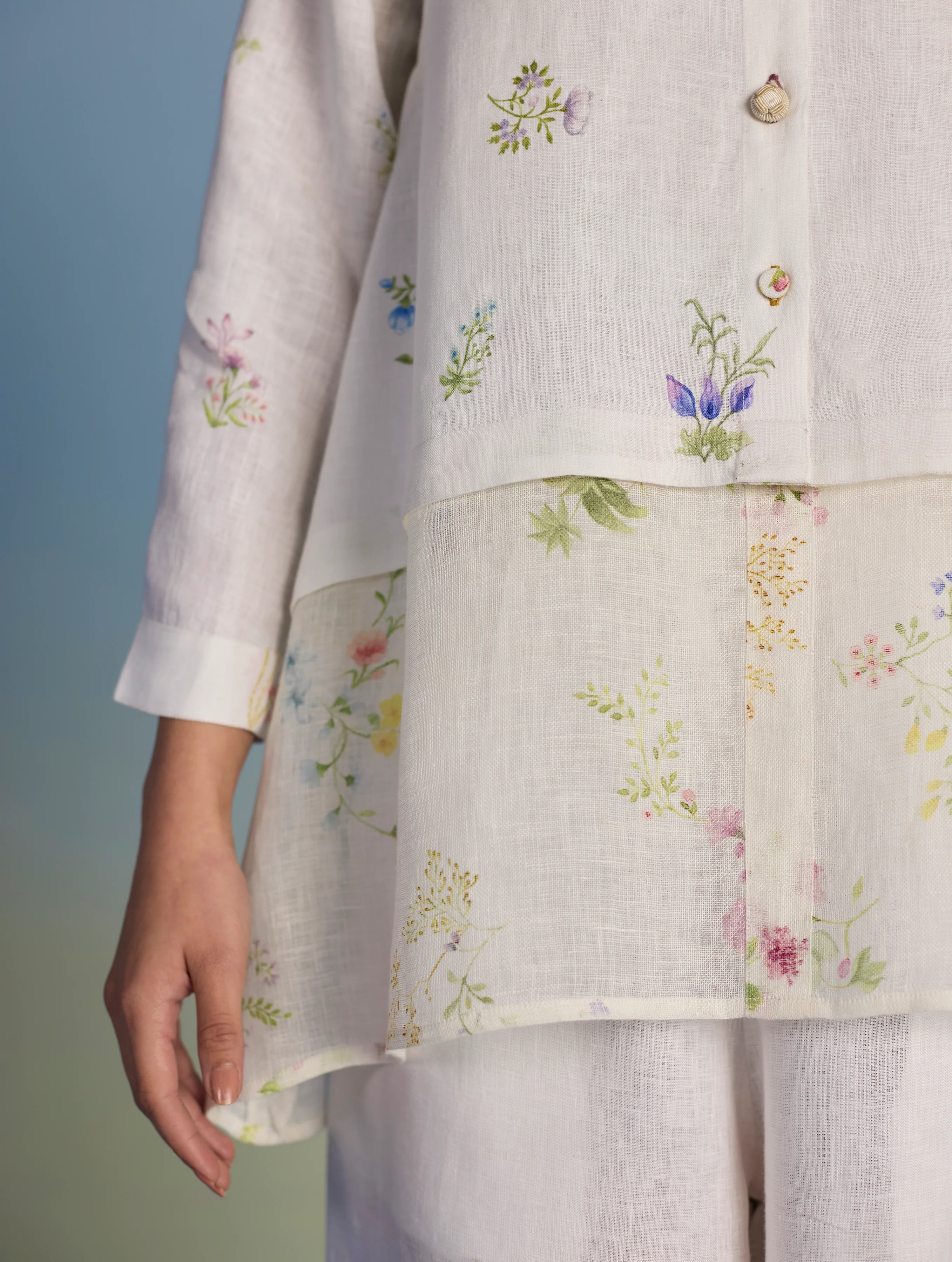Leina Floral Linen  A-Line Shirt - White - Image 4