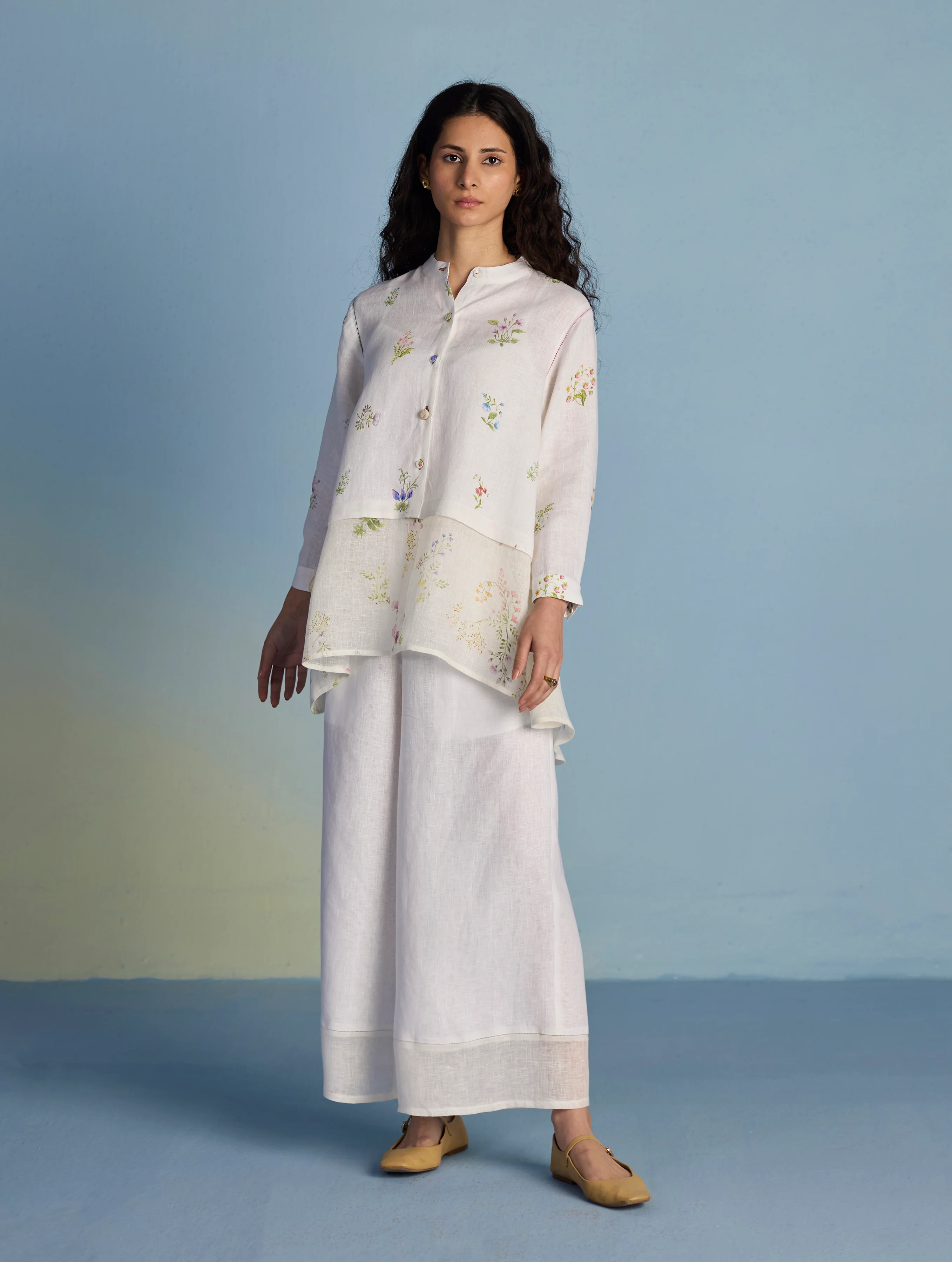 Leina Floral Linen  A-Line Shirt - White - Image 5