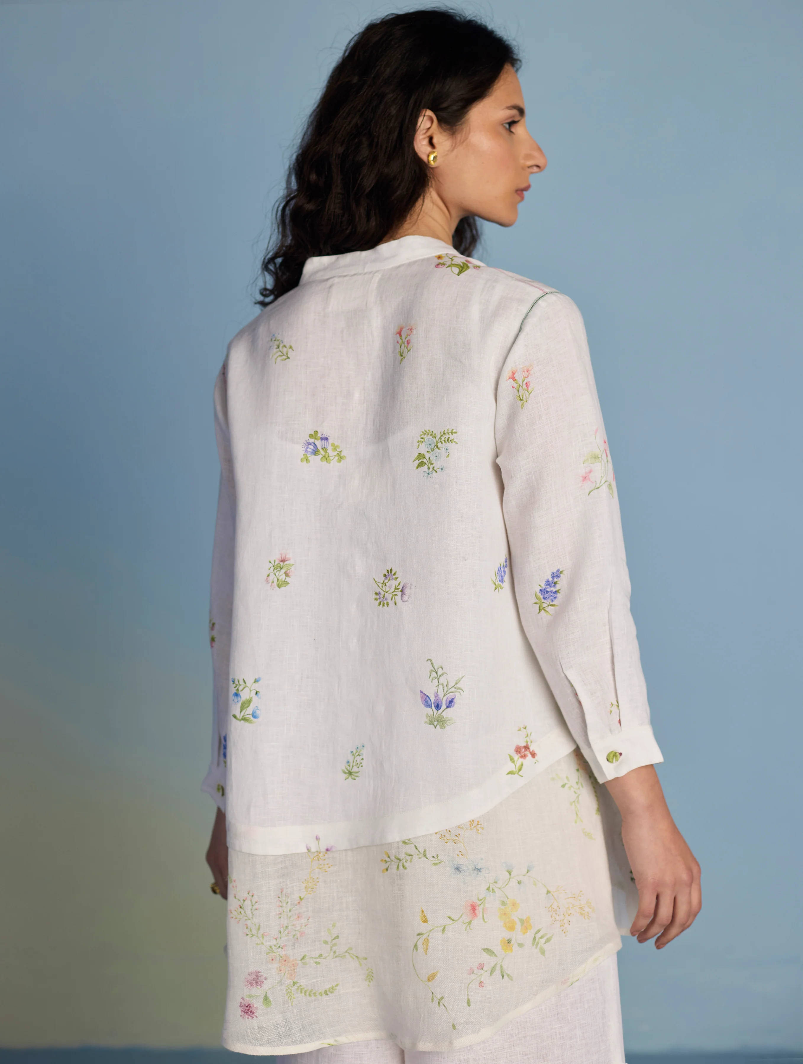 Leina Floral Linen  A-Line Shirt - White - Image 6