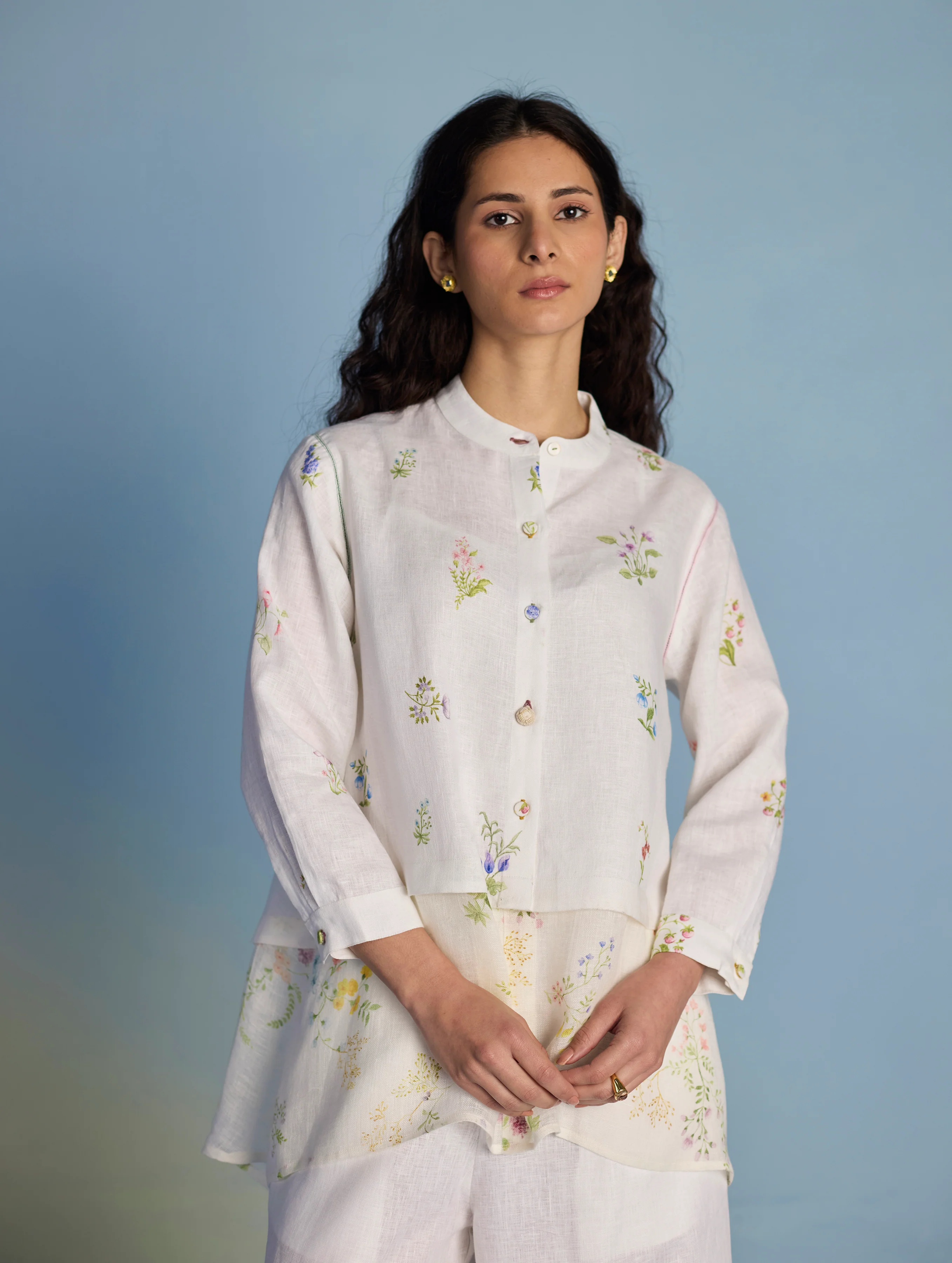 Leina Floral Linen  A-Line Shirt - White - Image 7