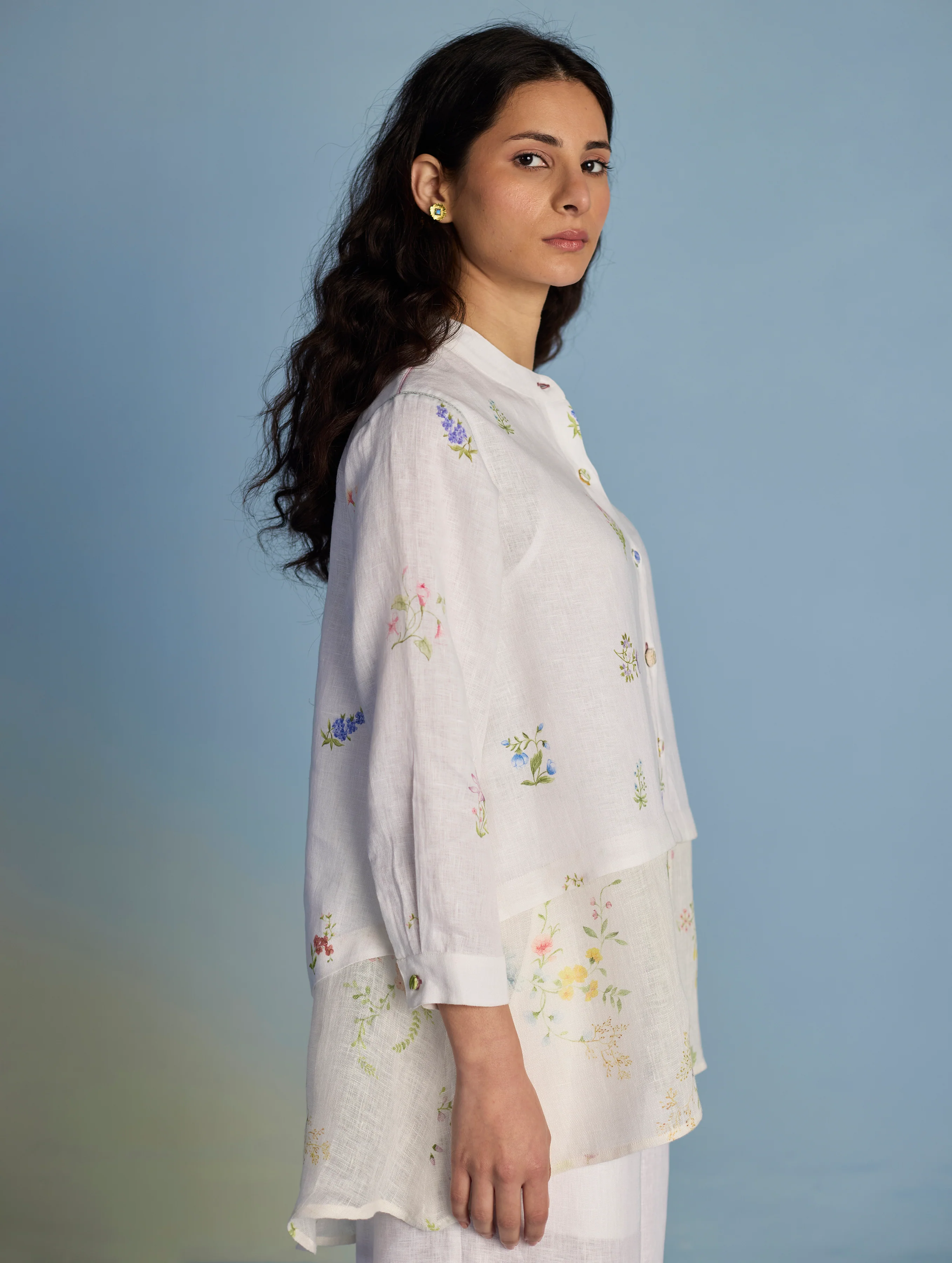 Leina Floral Linen  A-Line Shirt - White - Image 8
