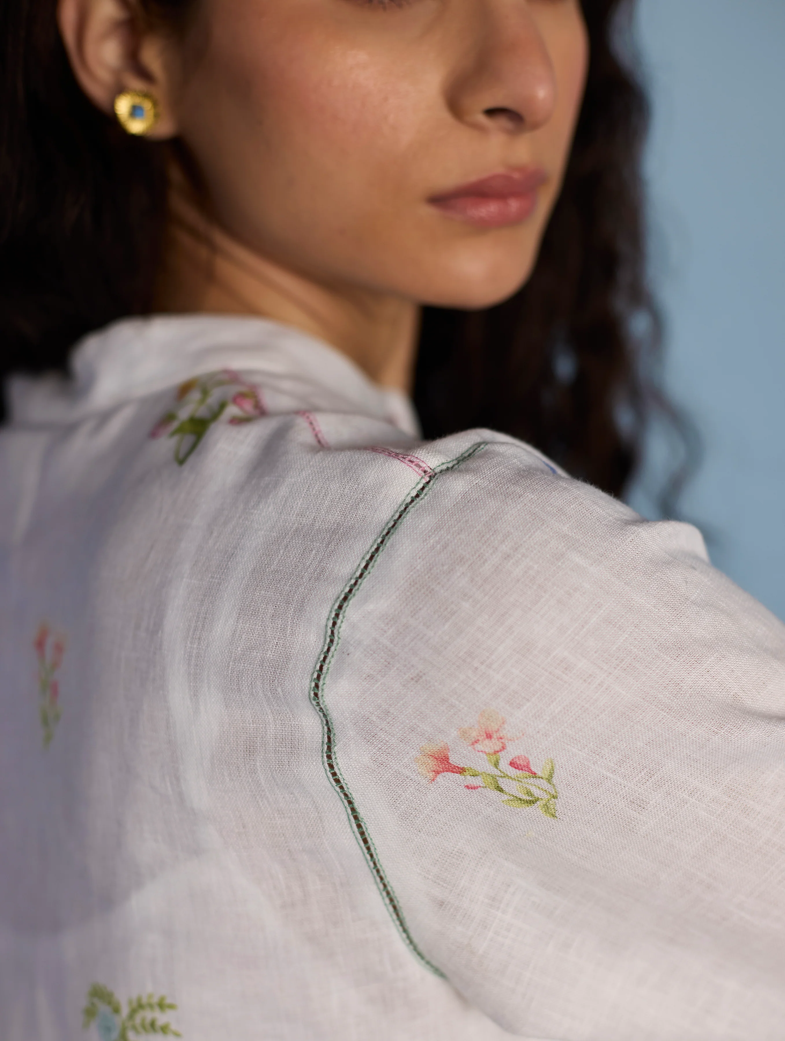 Leina Floral Linen  A-Line Shirt - White - Image 9