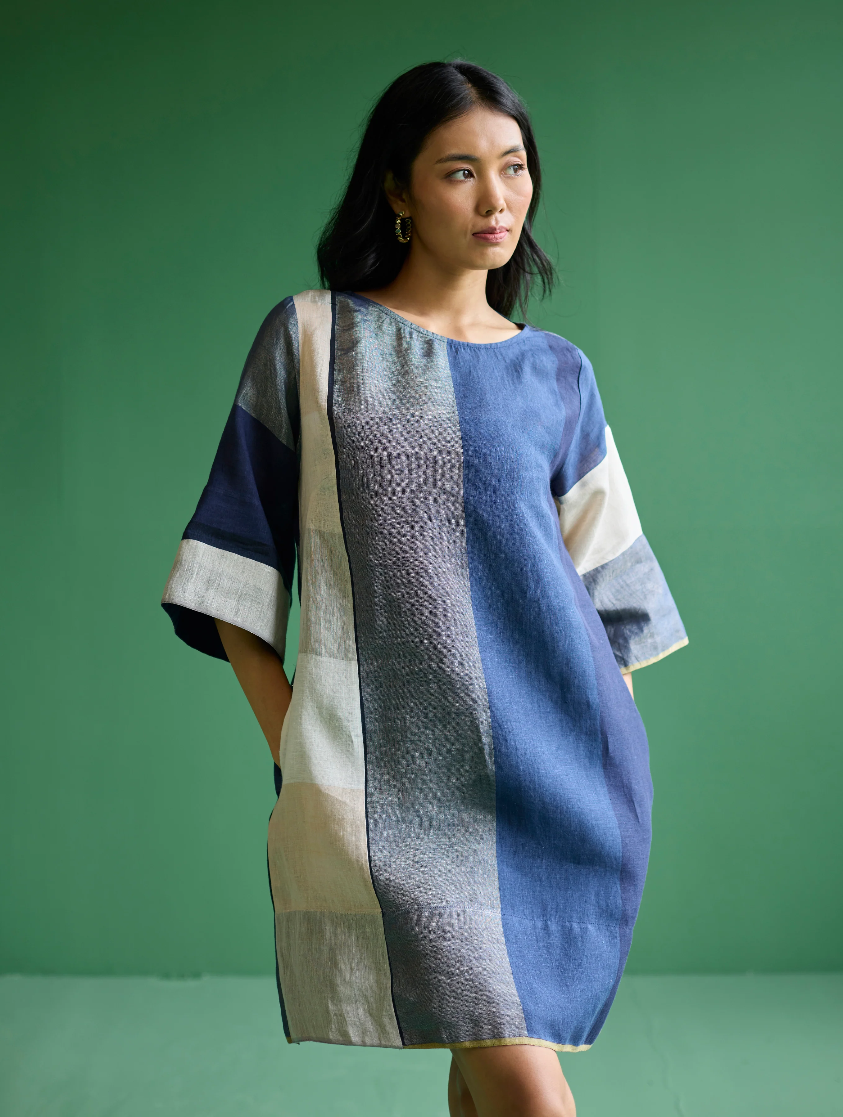 Lina Color-Blocked Linen Dress - Navy - Image 7
