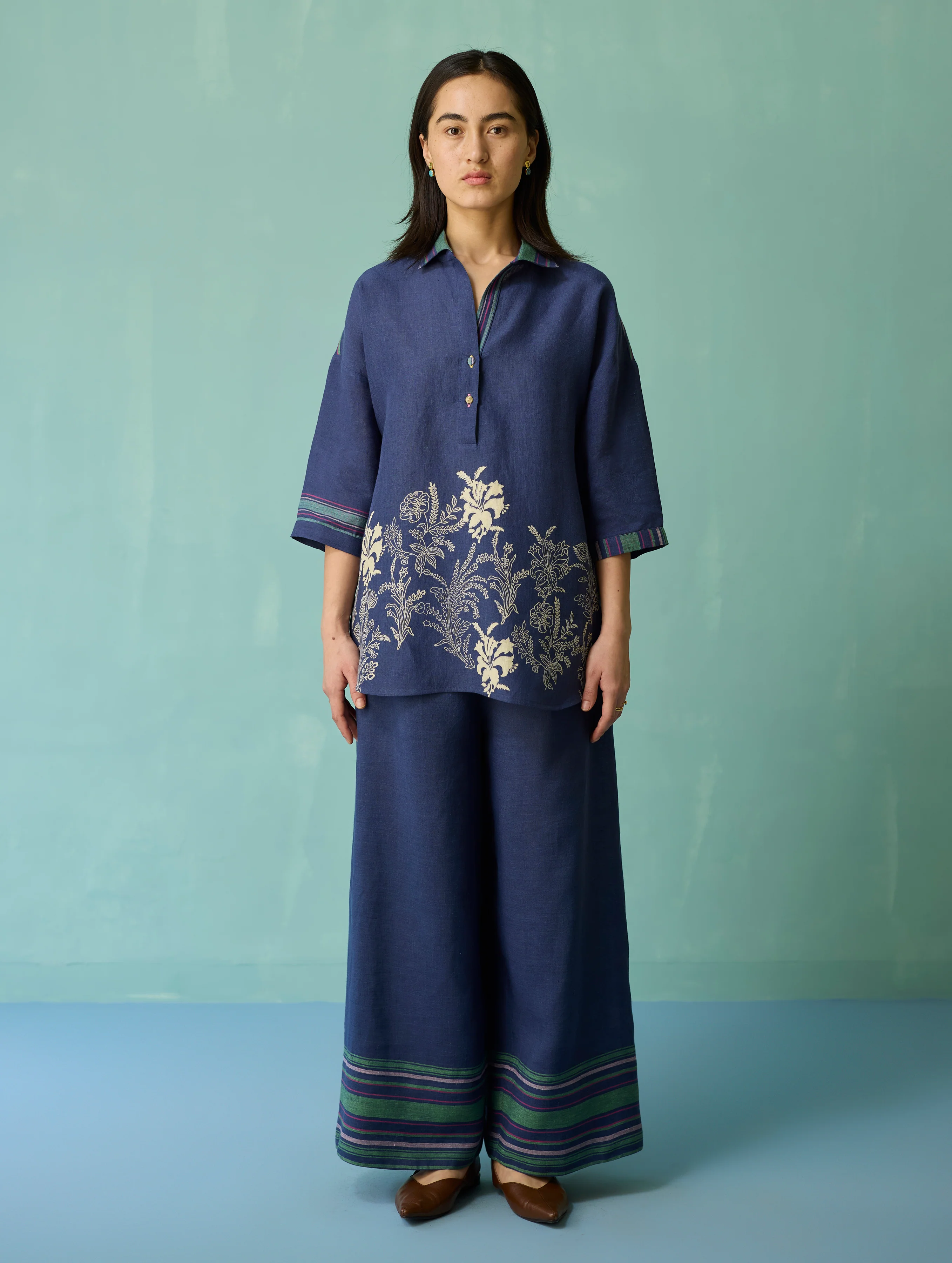 Luma Block-Printed Floral Co-ord Set - Indigo - Image 11