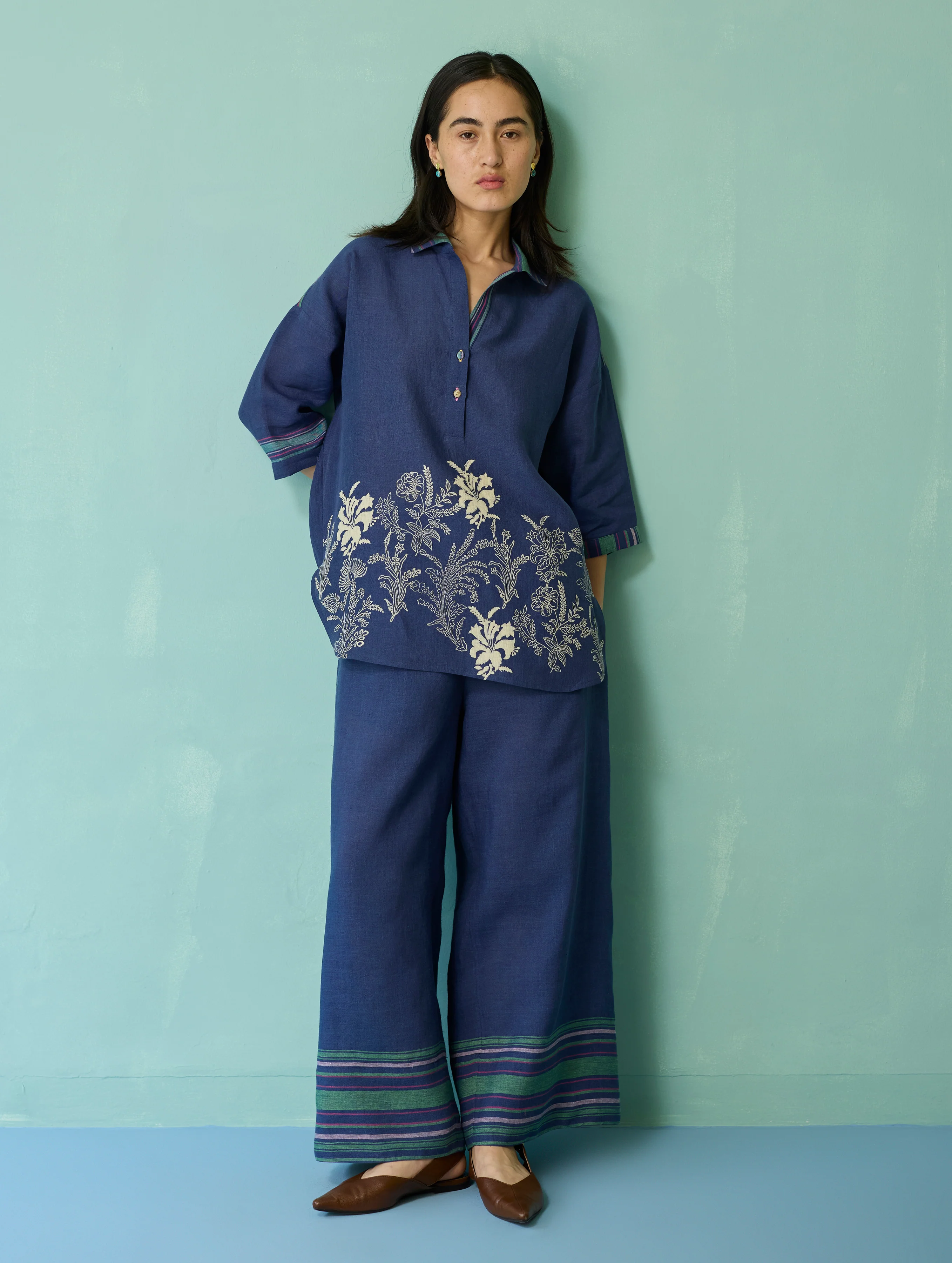 Luma Block-Printed Floral Co-ord Set - Indigo - Image 13