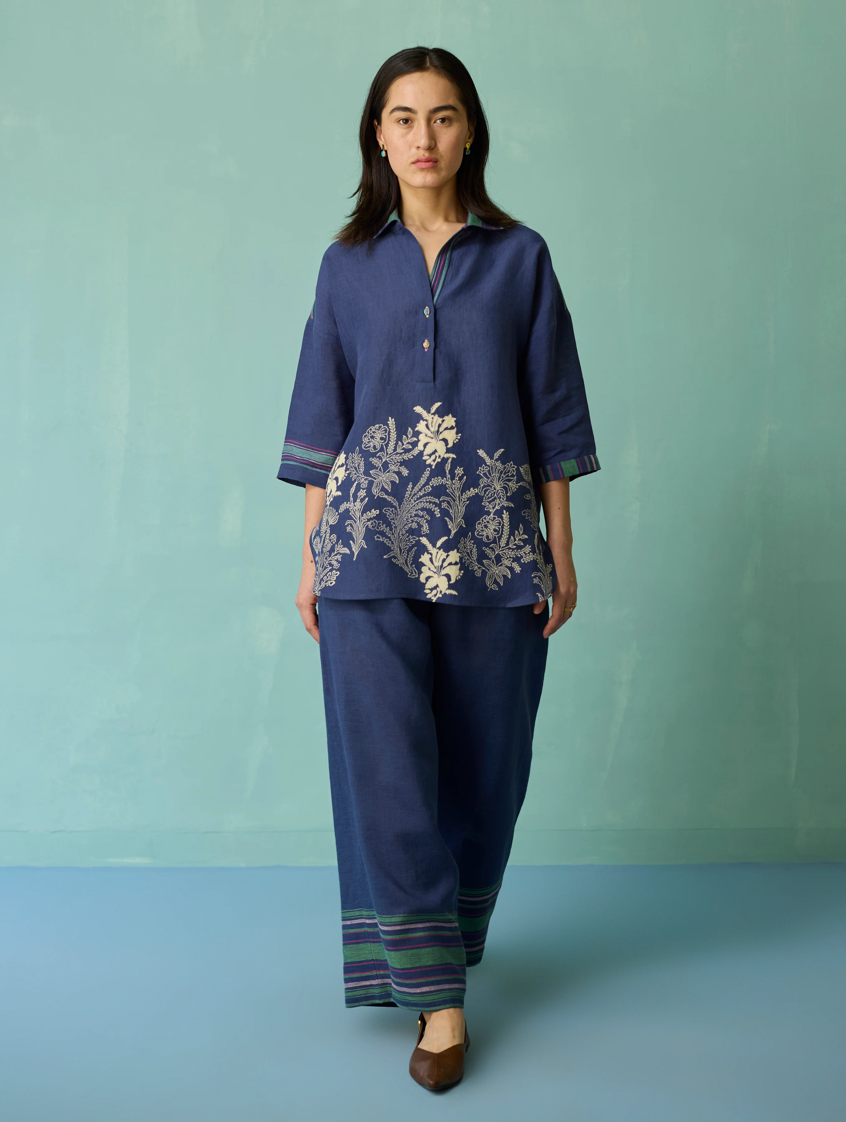 Luma Block-Printed Floral Co-ord Set - Indigo - Image 3