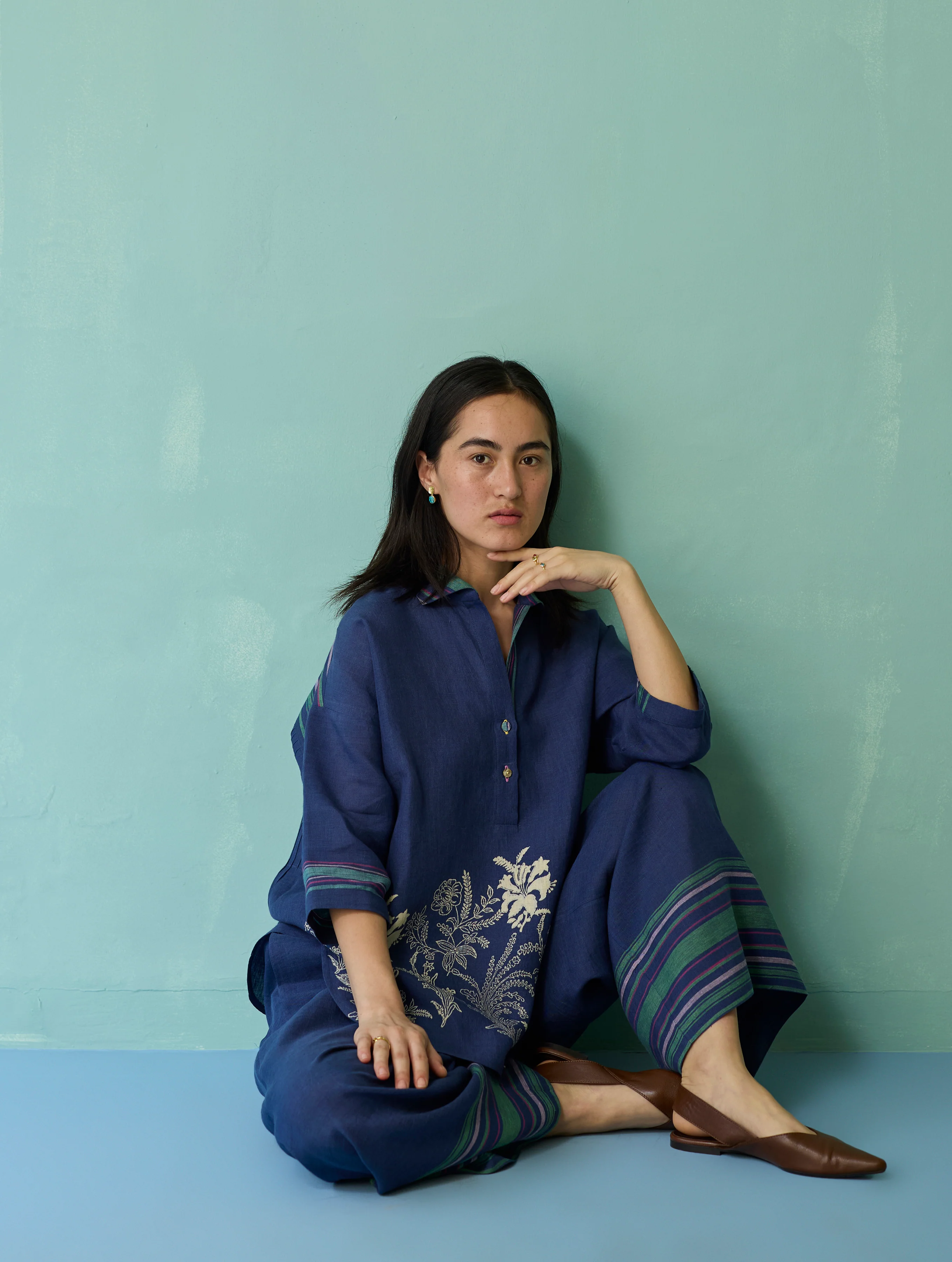 Luma Block-Printed Floral Co-ord Set - Indigo - Image 4