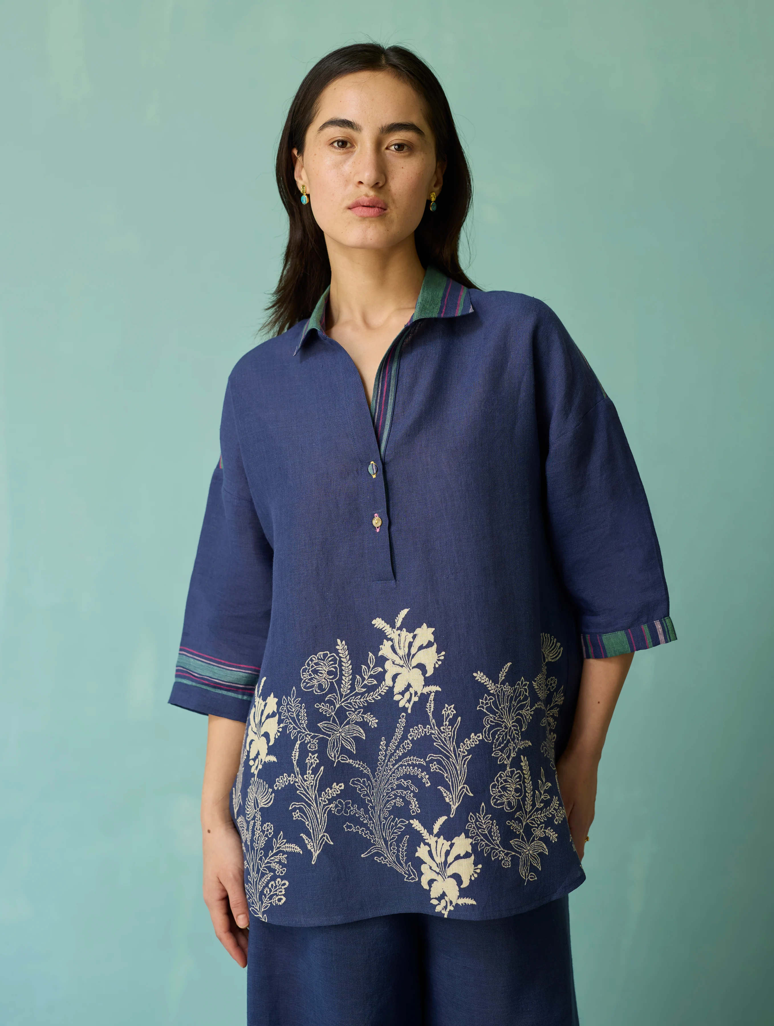 Luma Block-Printed Floral Co-ord Set - Indigo - Image 8