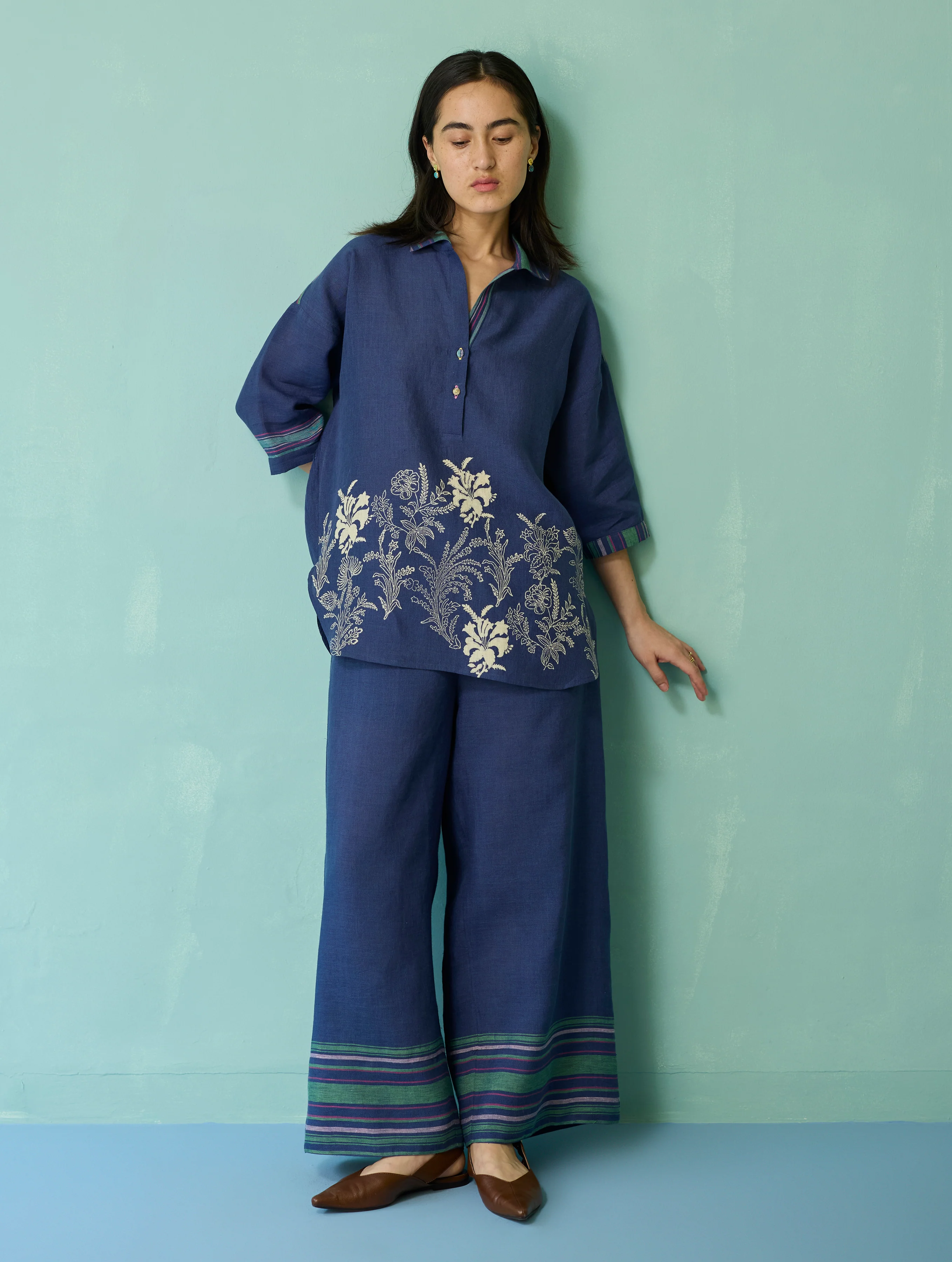 Luma Block-Printed Floral Co-ord Set - Indigo - Image 9
