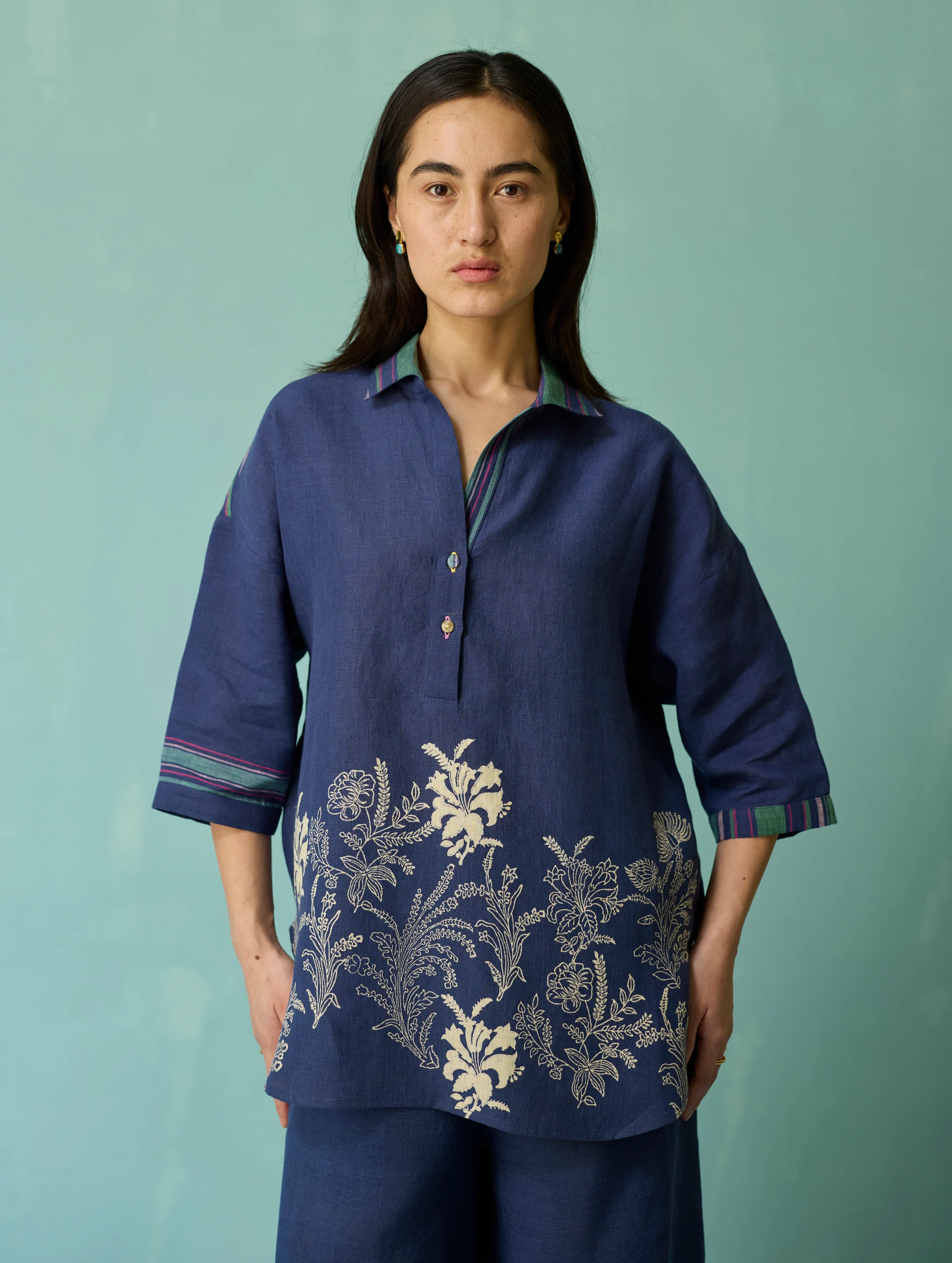 Luma Block-Printed Floral Co-ord Set - Indigo - Image 2