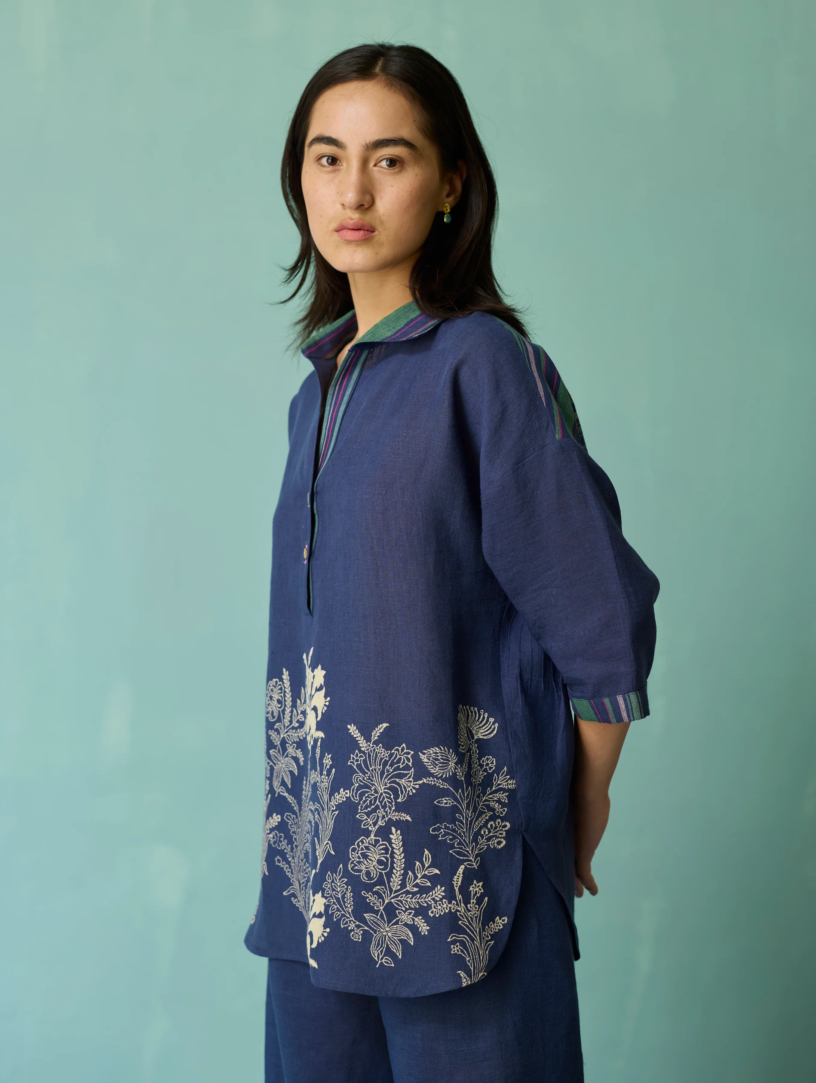 Luma Block-Printed Floral Co-ord Set - Indigo - Image 10