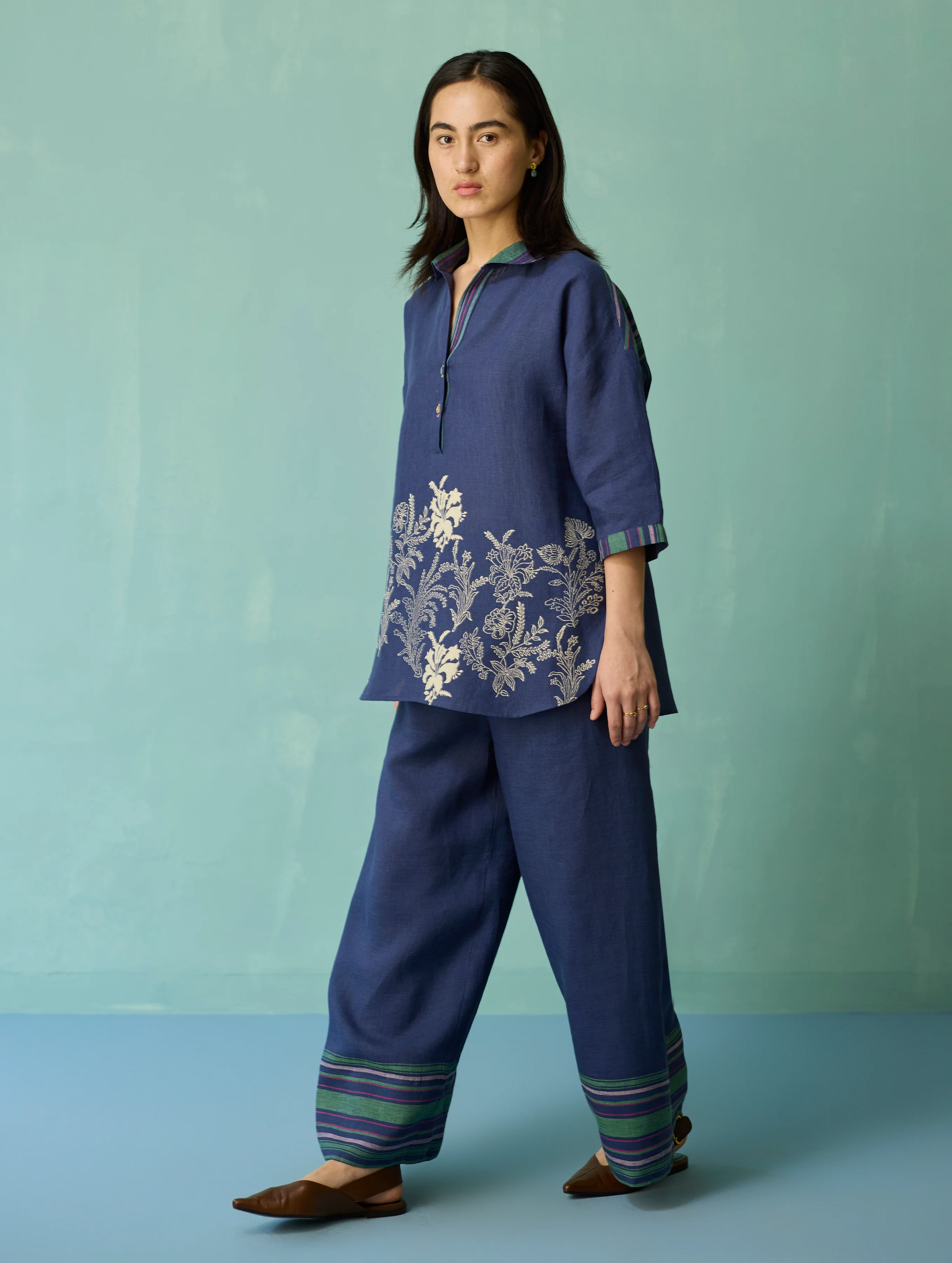 Luma Block-Printed Floral Co-ord Set - Indigo - Image 7