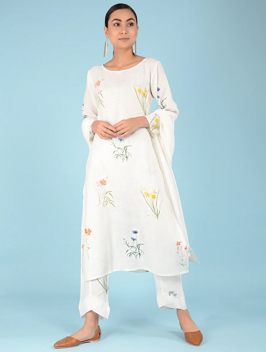 Lydia Watercolor Botanical Printed Linen Kurta - Image 3