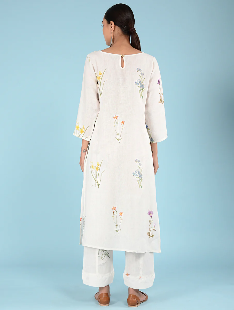 Lydia Watercolor Botanical Printed Linen Kurta - Image 4