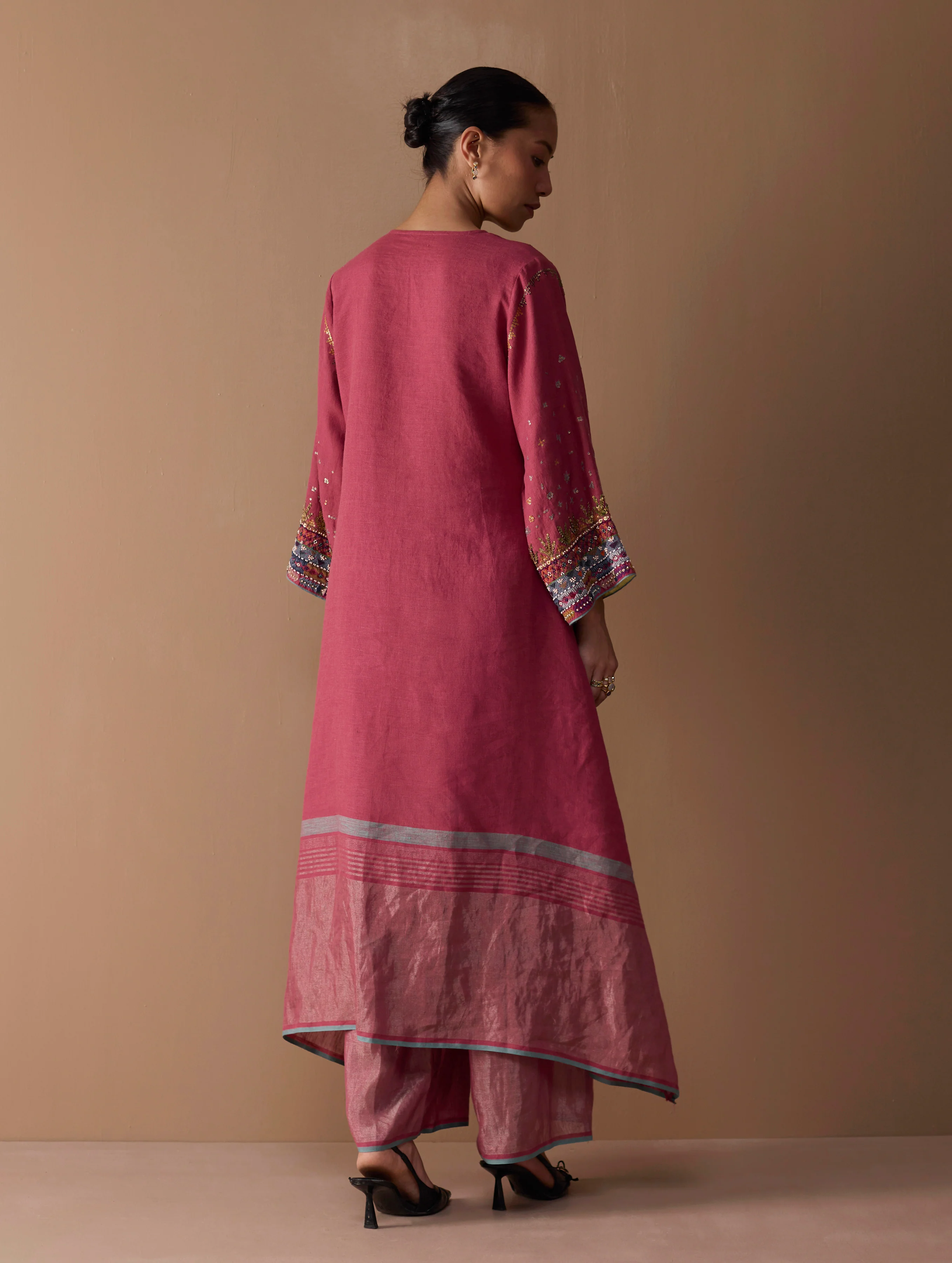Mahra Hand-Embroidered Linen Kurta - Metallic Crimson - Image 7