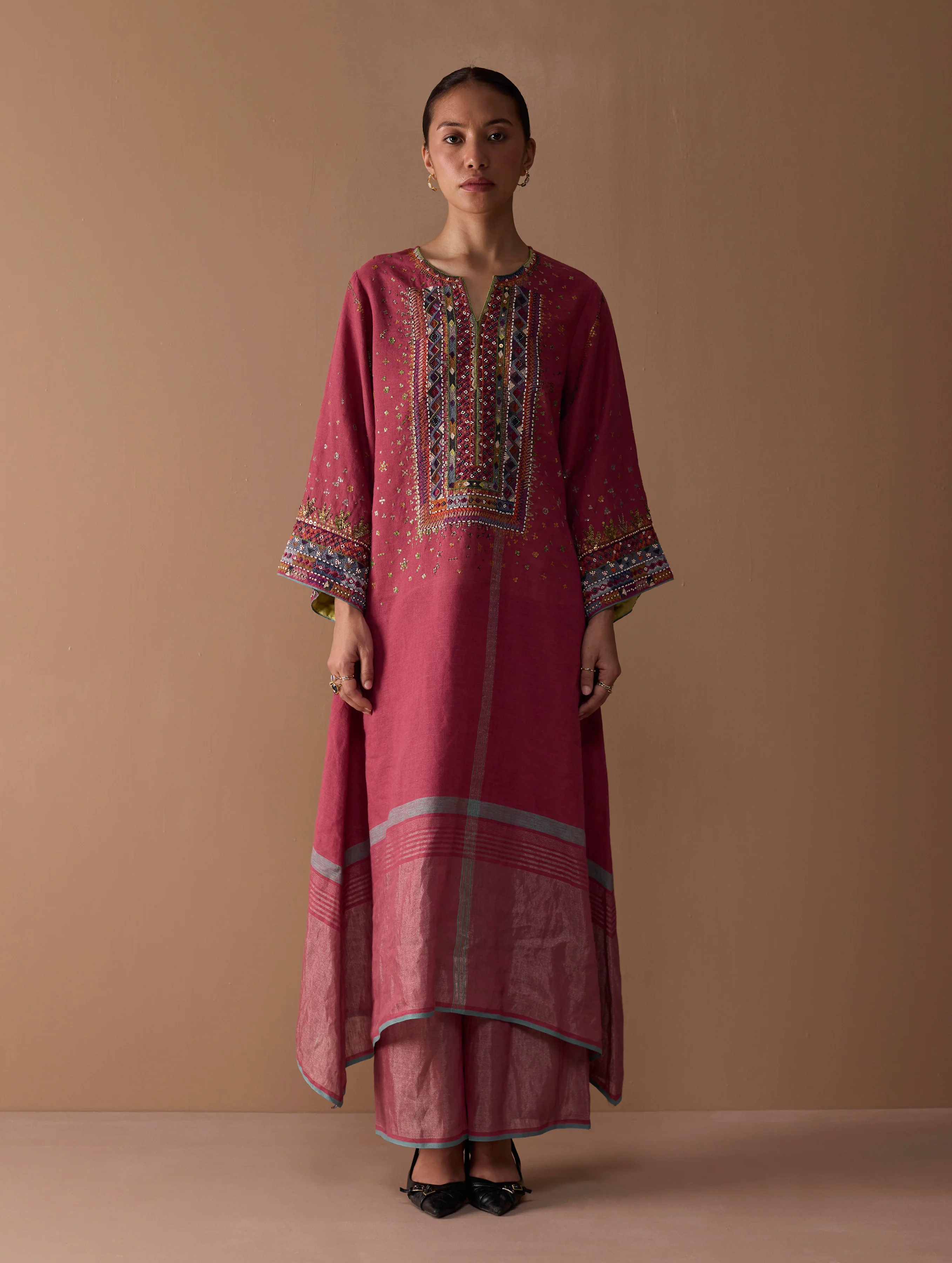 Mahra Hand-Embroidered Linen Kurta - Metallic Crimson - Image 8